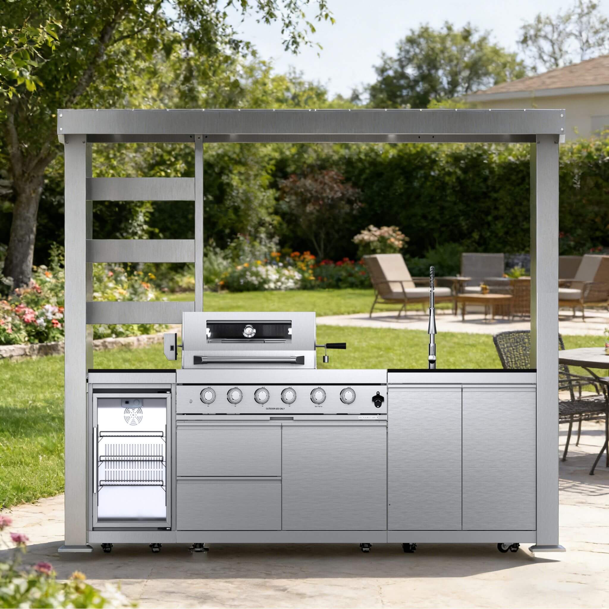 Imperial 110-Inch 4-Burner 72K BTU Deluxe Stainless Steel Outdoor Kitchen Grill Island With Wine Cooler, Rotisserie, Cabinets, And Granite Countertops