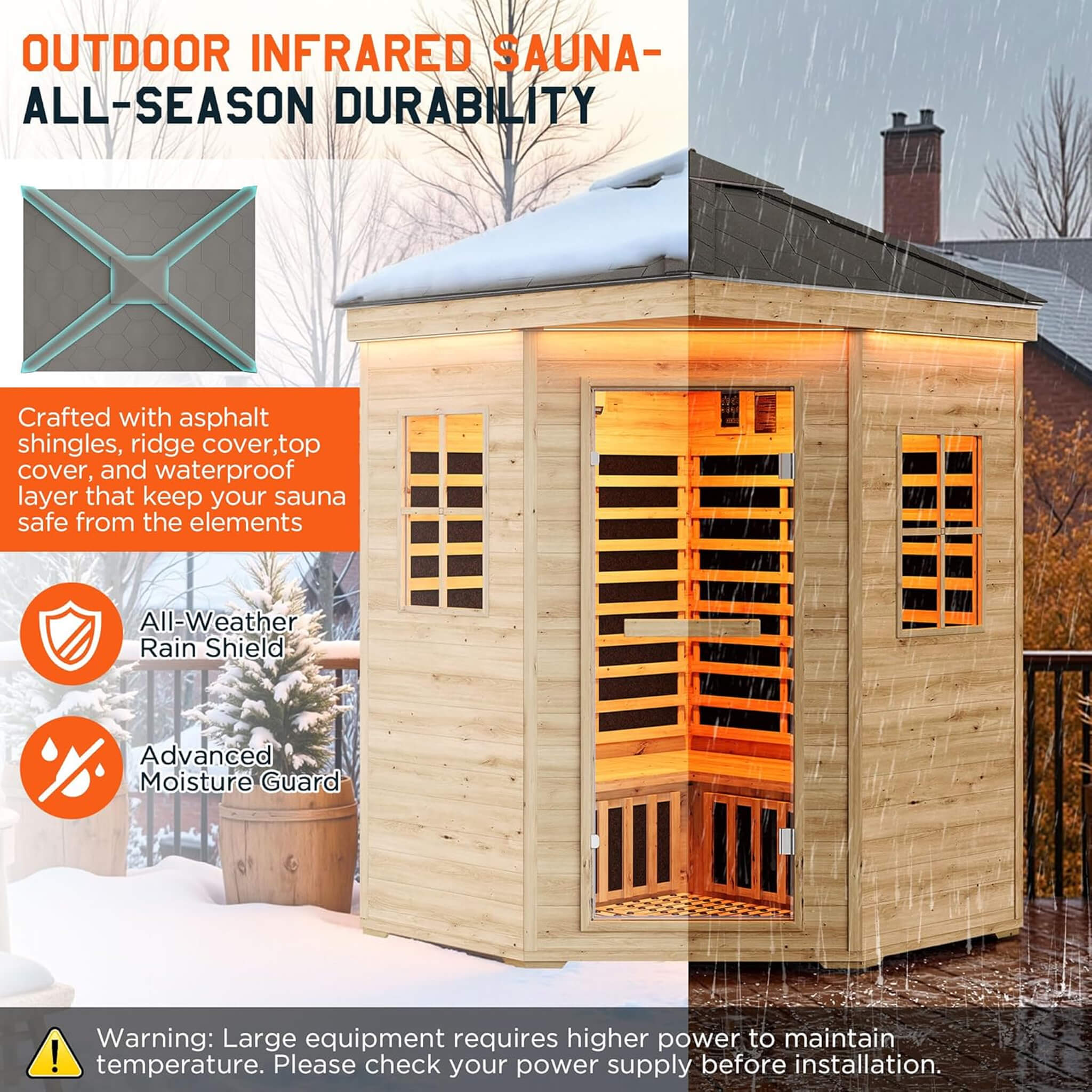 The Monaco 4-Person Low EMF Spruce Wood Outdoor Infrared Sauna with Bluetooth Speakers and LED Lights