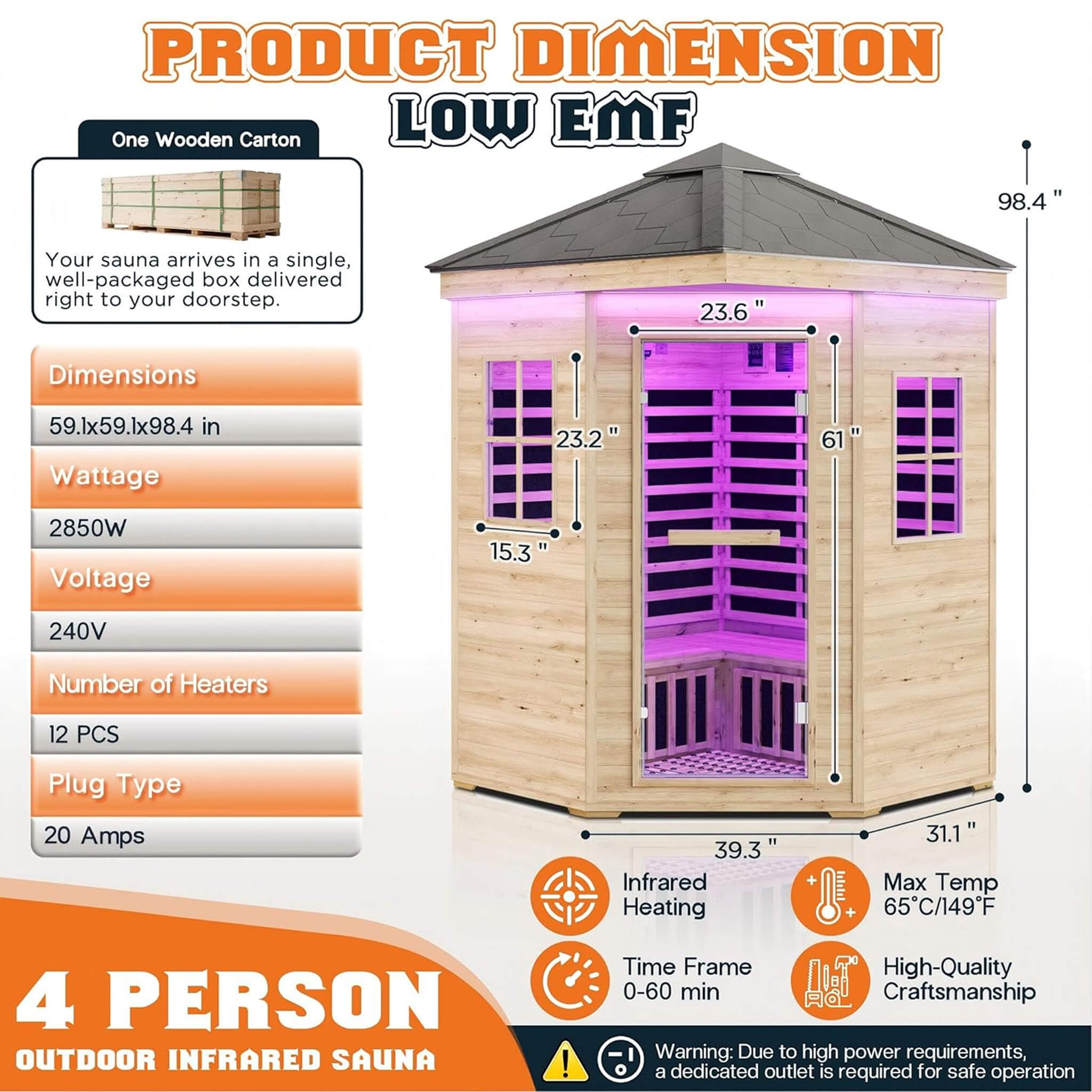 The Monaco 4-Person Low EMF Spruce Wood Outdoor Infrared Sauna with Bluetooth Speakers and LED Lights