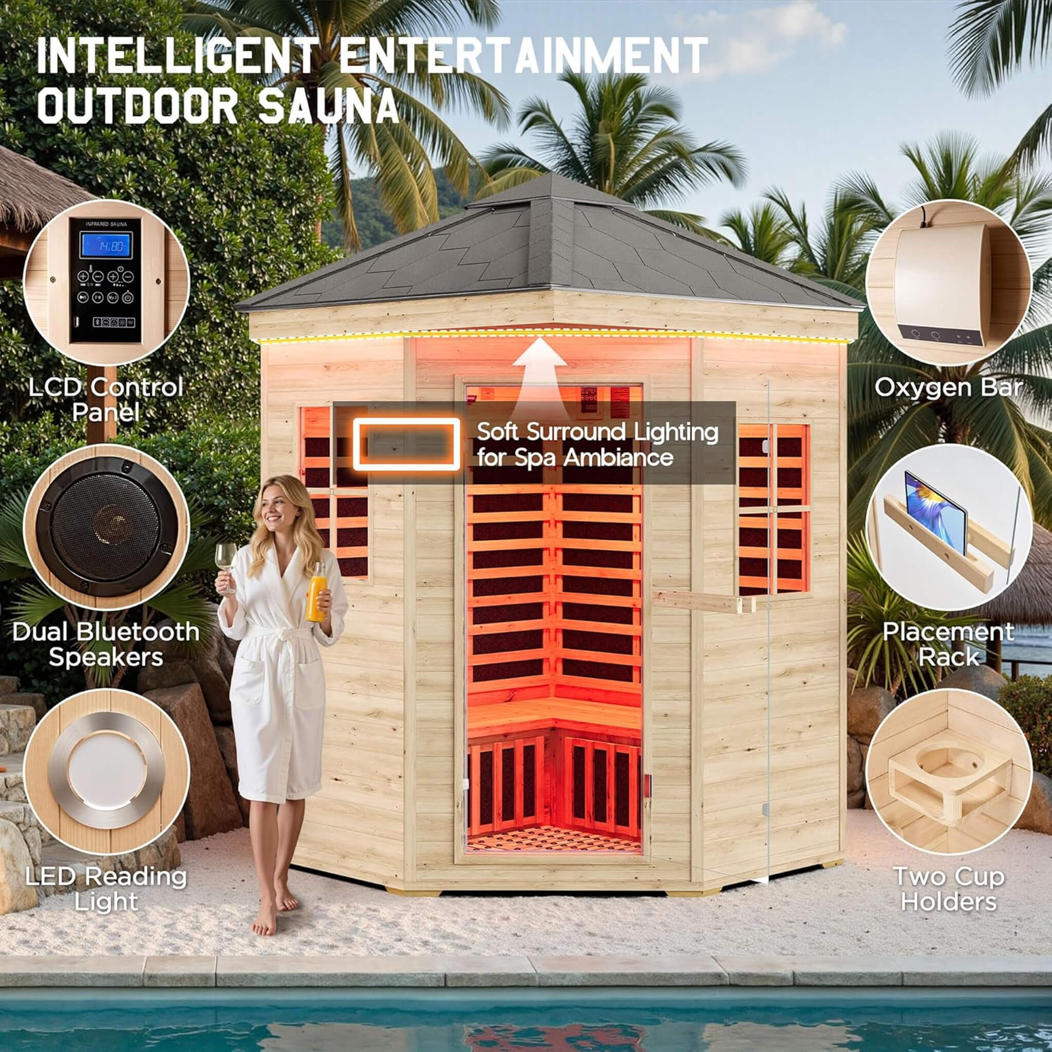 The Monaco 4-Person Low EMF Spruce Wood Outdoor Infrared Sauna with Bluetooth Speakers and LED Lights