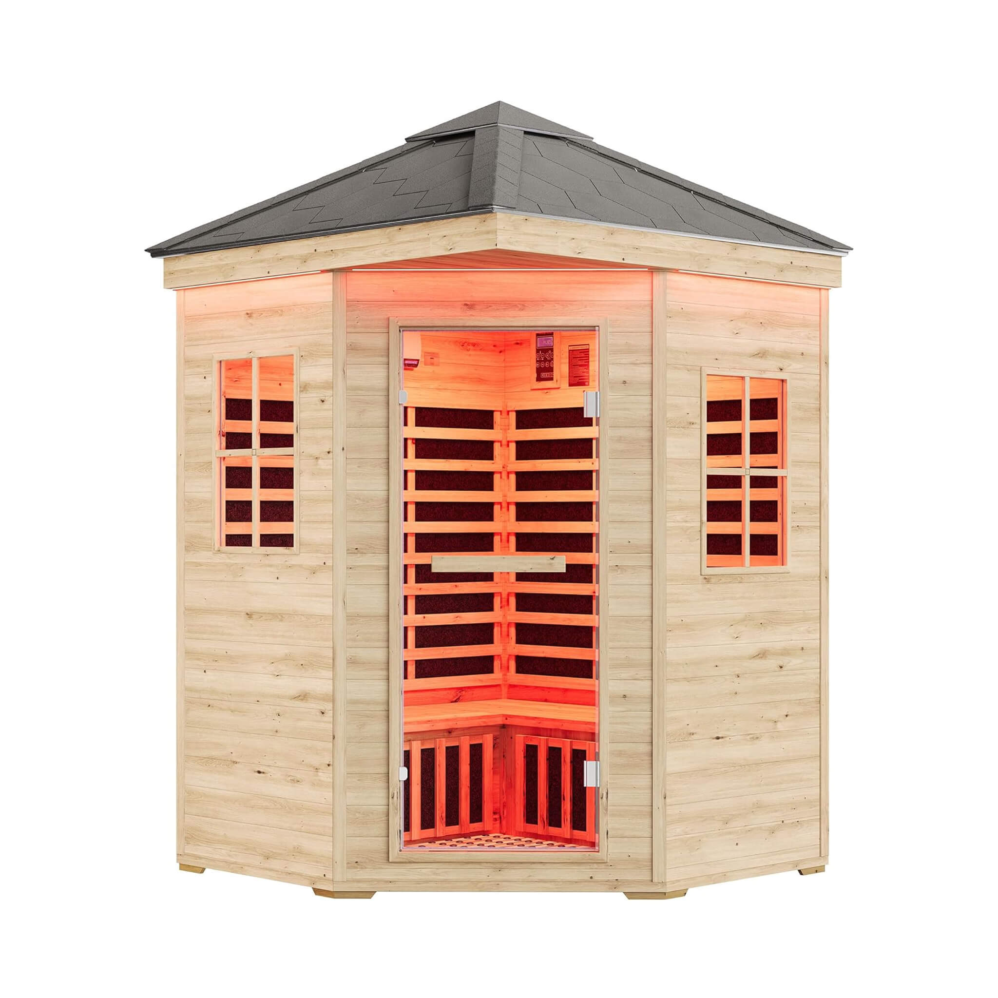 The Monaco 4-Person Low EMF Spruce Wood Outdoor Infrared Sauna with Bluetooth Speakers and LED Lights