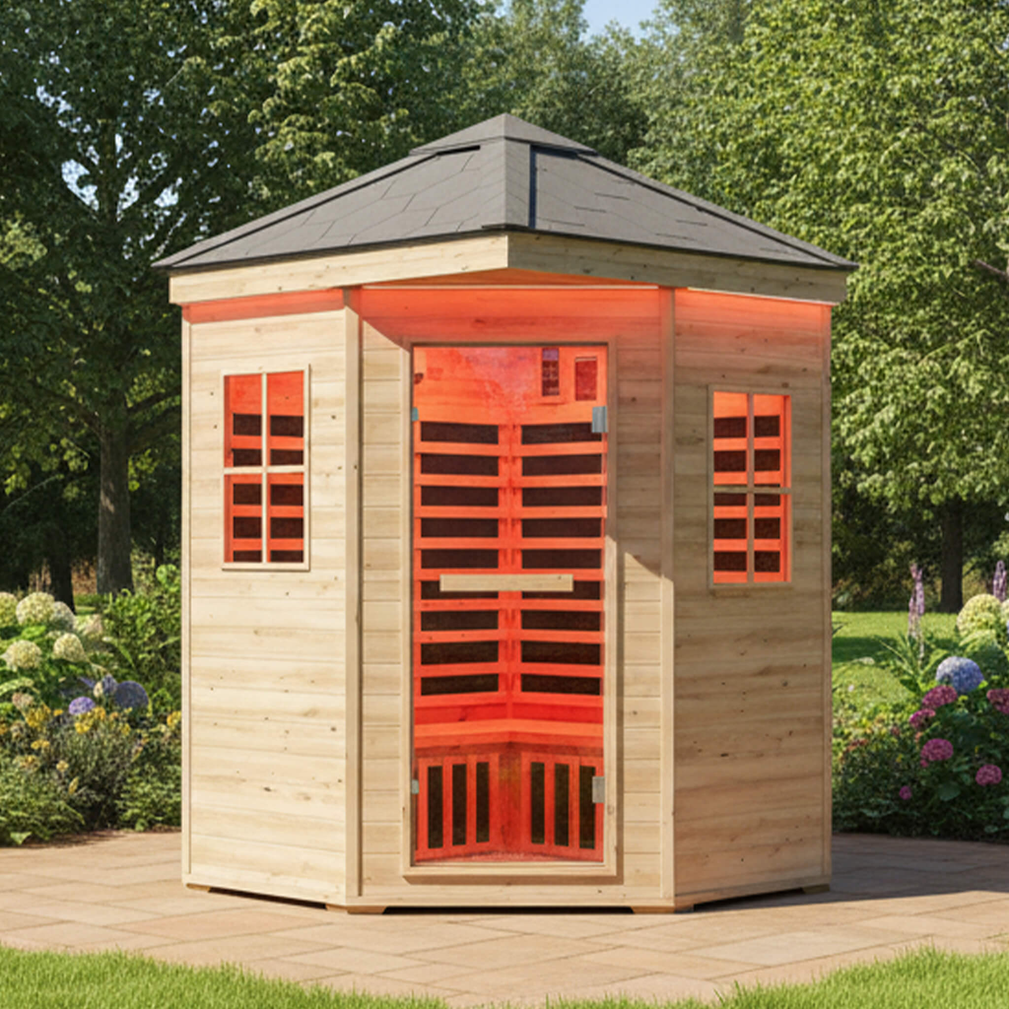 The Monaco 4-Person Low EMF Spruce Wood Outdoor Infrared Sauna with Bluetooth Speakers and LED Lights