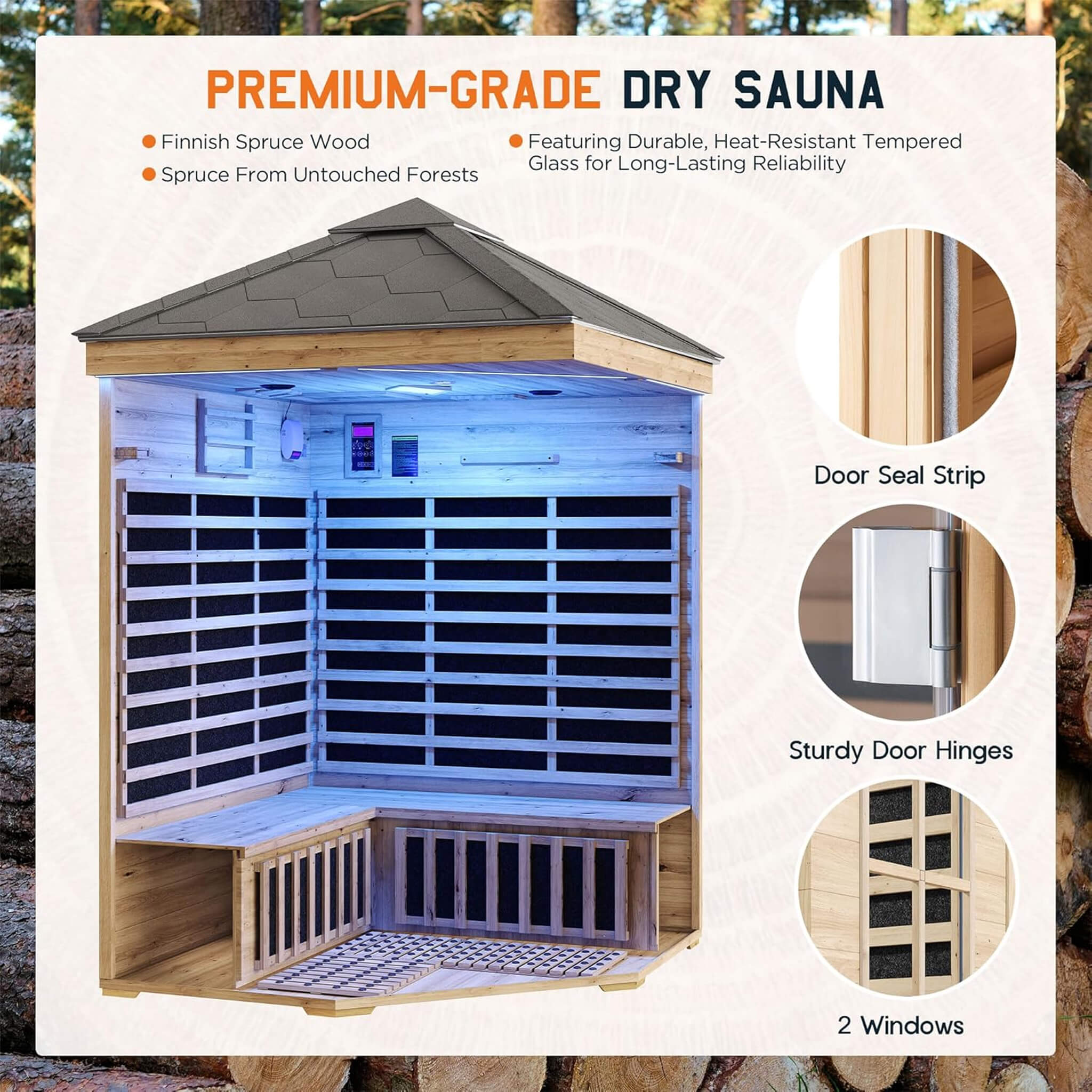 The Monaco 4-Person Low EMF Spruce Wood Outdoor Infrared Sauna with Bluetooth Speakers and LED Lights