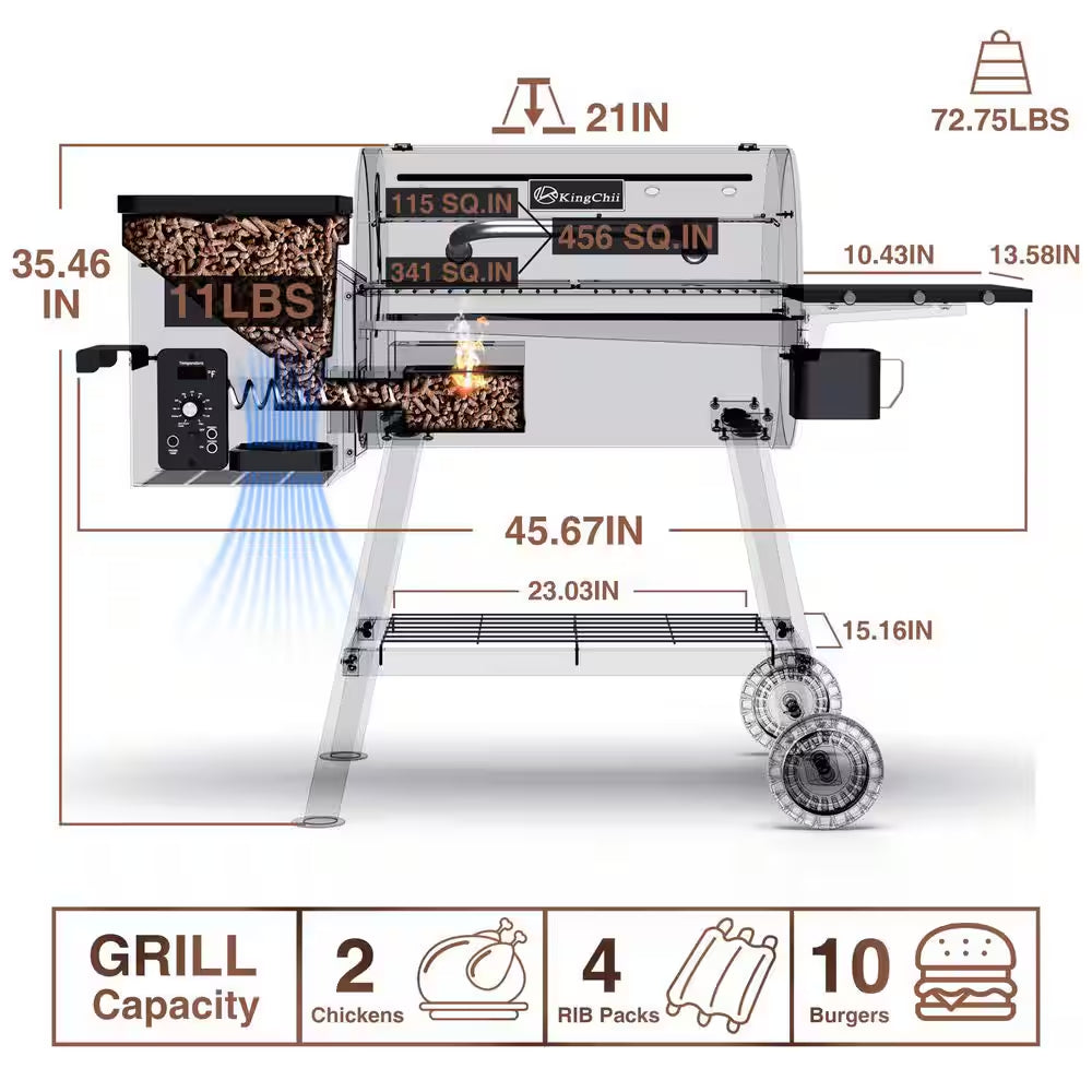 KingChii - 456 Sq. In. Wood Pellet Grill and Smoker BBQ with PID Auto Temperature Control in Black