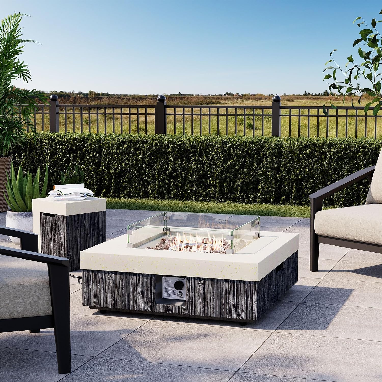 35" Outdoor Propane Fire Pit Table W Tank Cover & Wind Guard, Square Gas Fire Pit Table with Concrete & Wood Grain Design, 50000BTU Fire Tables for Patio, Backyard, Garden
