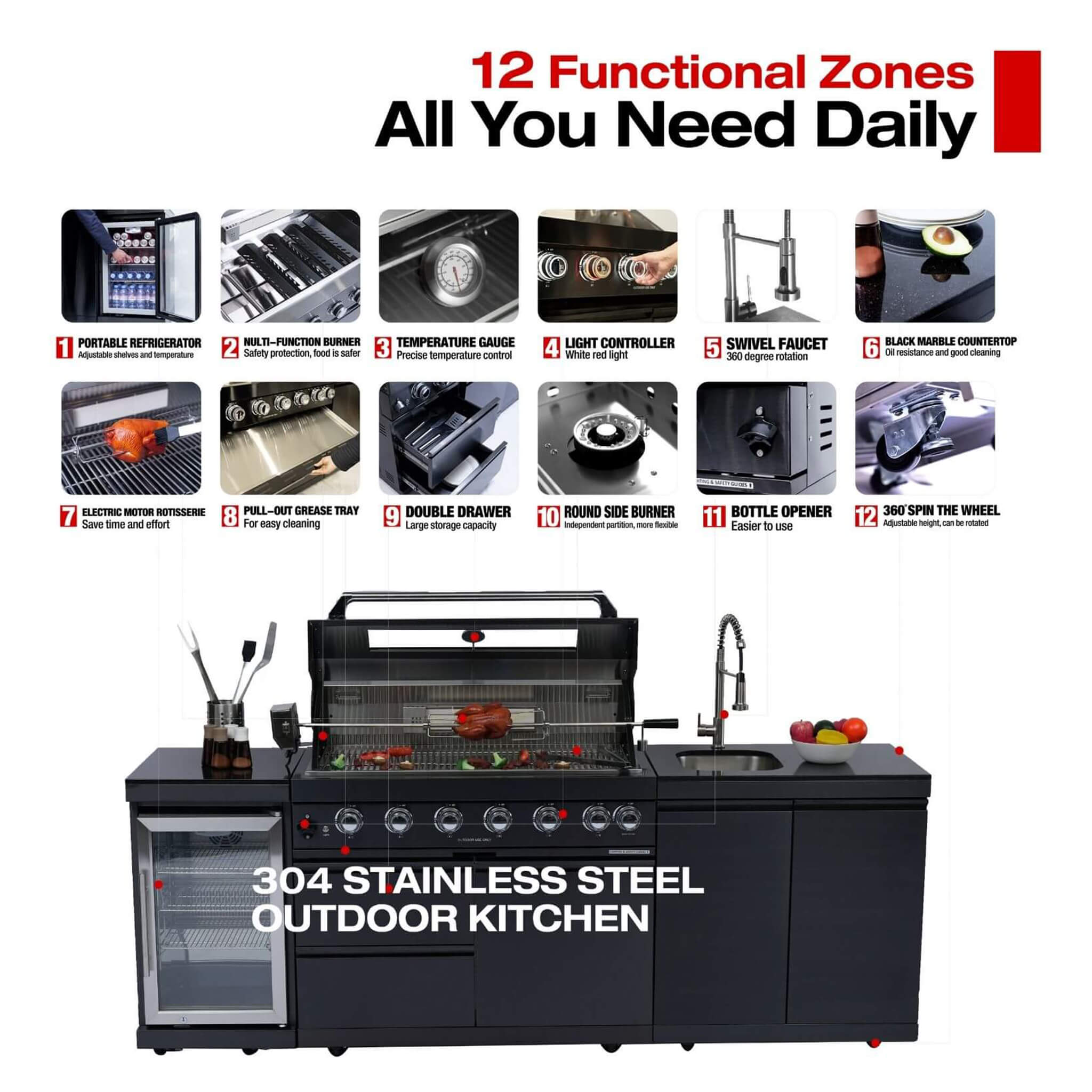 Belmont 43-Inch 6-Burner 85K BTU Stainless Steel Outdoor BBQ Kitchen Grill Island