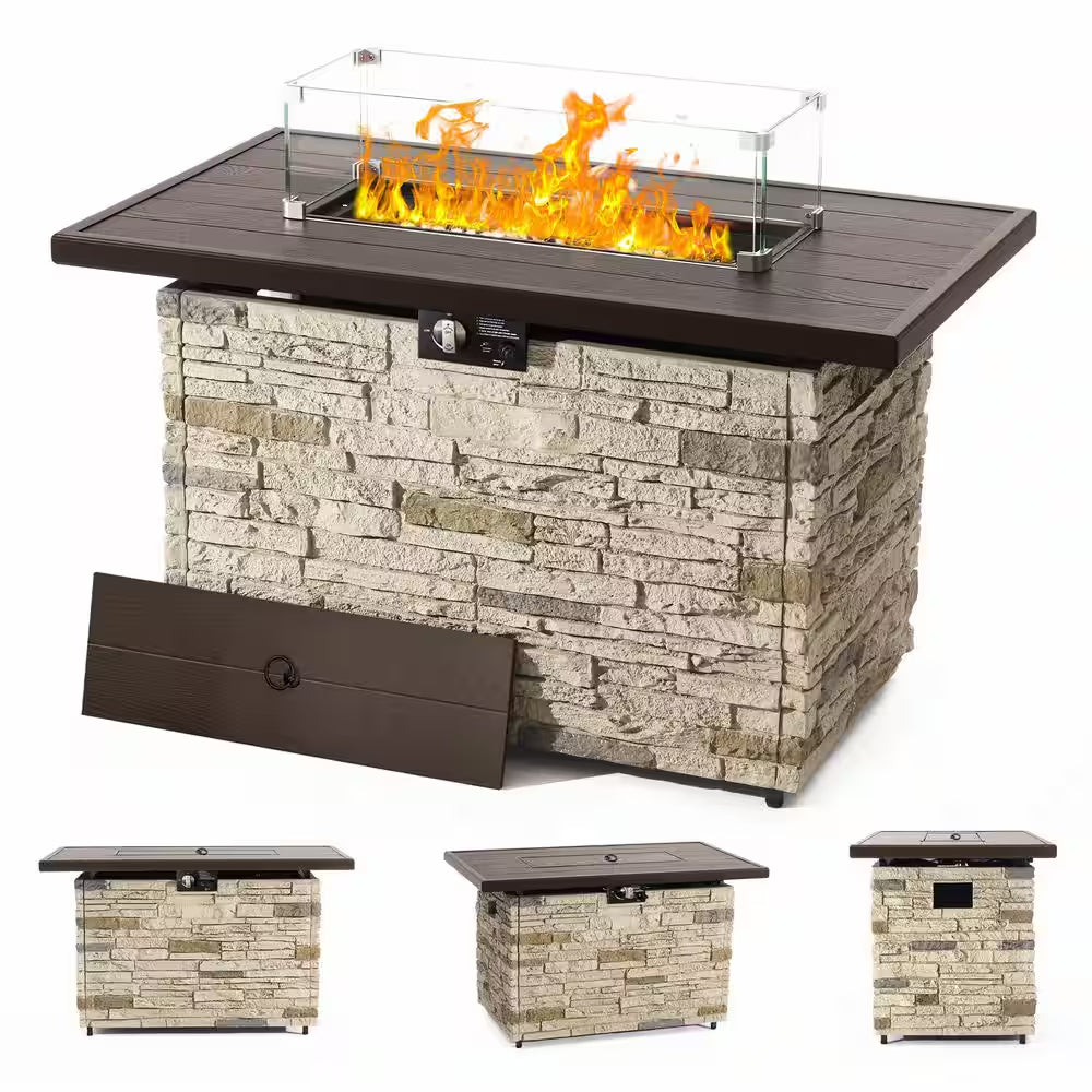 43 In. Propane Fire Pit Table Outdoor Stone Firepit Table Rectangular 50000 BTU Propane Fire Tables-Buff