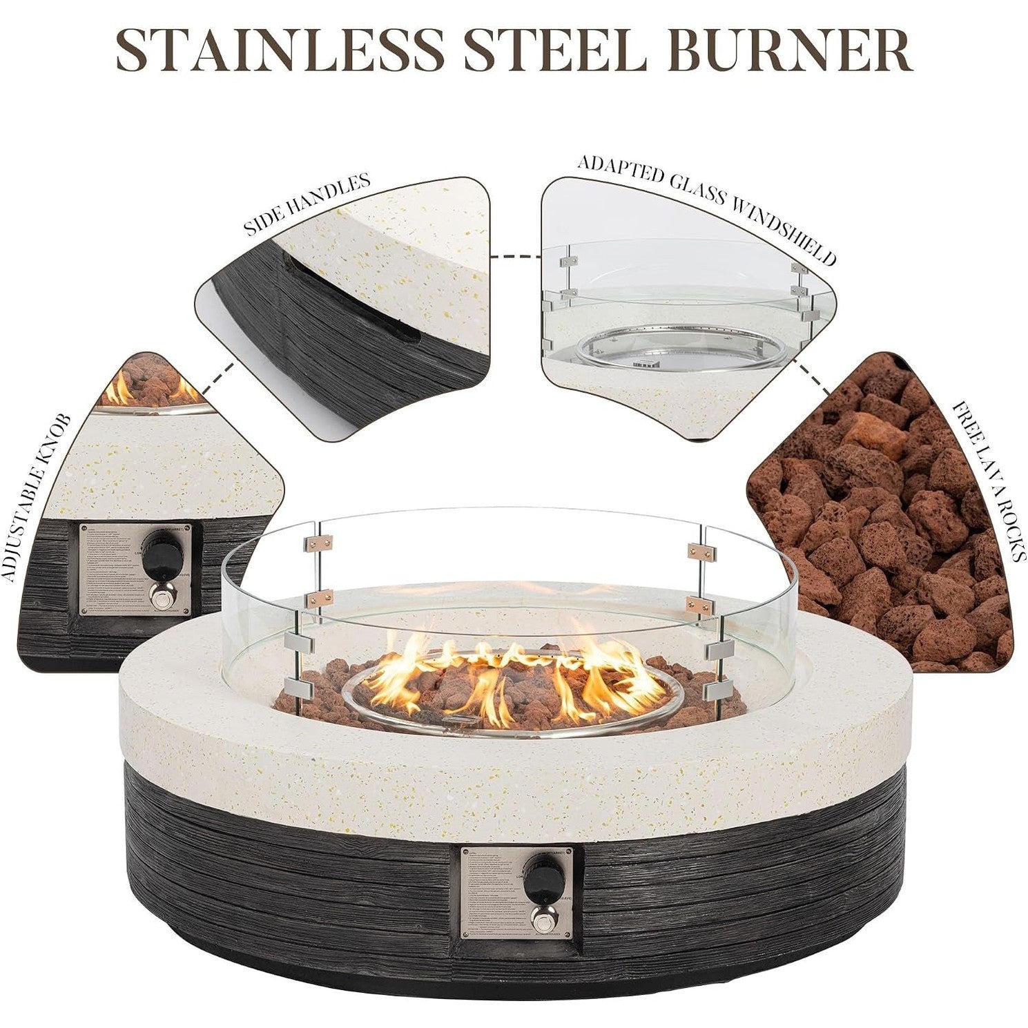 42" Outdoor Propane Fire Pit Table W Tank Cover & Wind Guard, round Gas Fire Pit Table with Concrete & Wood Grain Design, 50000BTU Fire Tables for Patio, Backyard, Garden