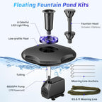 Floating Pond Fountain with Remote Control RGB LED Lights, 40W 660GPH Water Pump with 3 Spray Modes, Floating Fountain 27FT Cord & 65.6FT Mooring Line for Garden Ponds, Outdoor Water Features