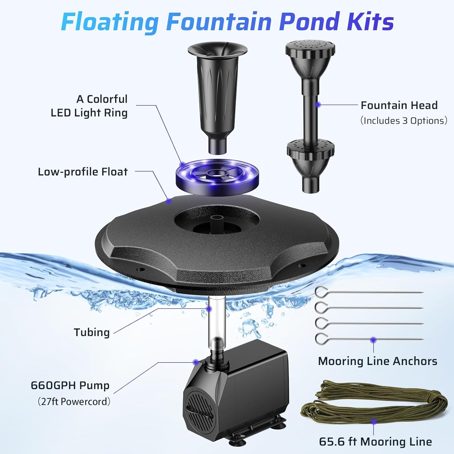 Floating Pond Fountain with Remote Control RGB LED Lights, 40W 660GPH Water Pump with 3 Spray Modes, Floating Fountain 27FT Cord & 65.6FT Mooring Line for Garden Ponds, Outdoor Water Features