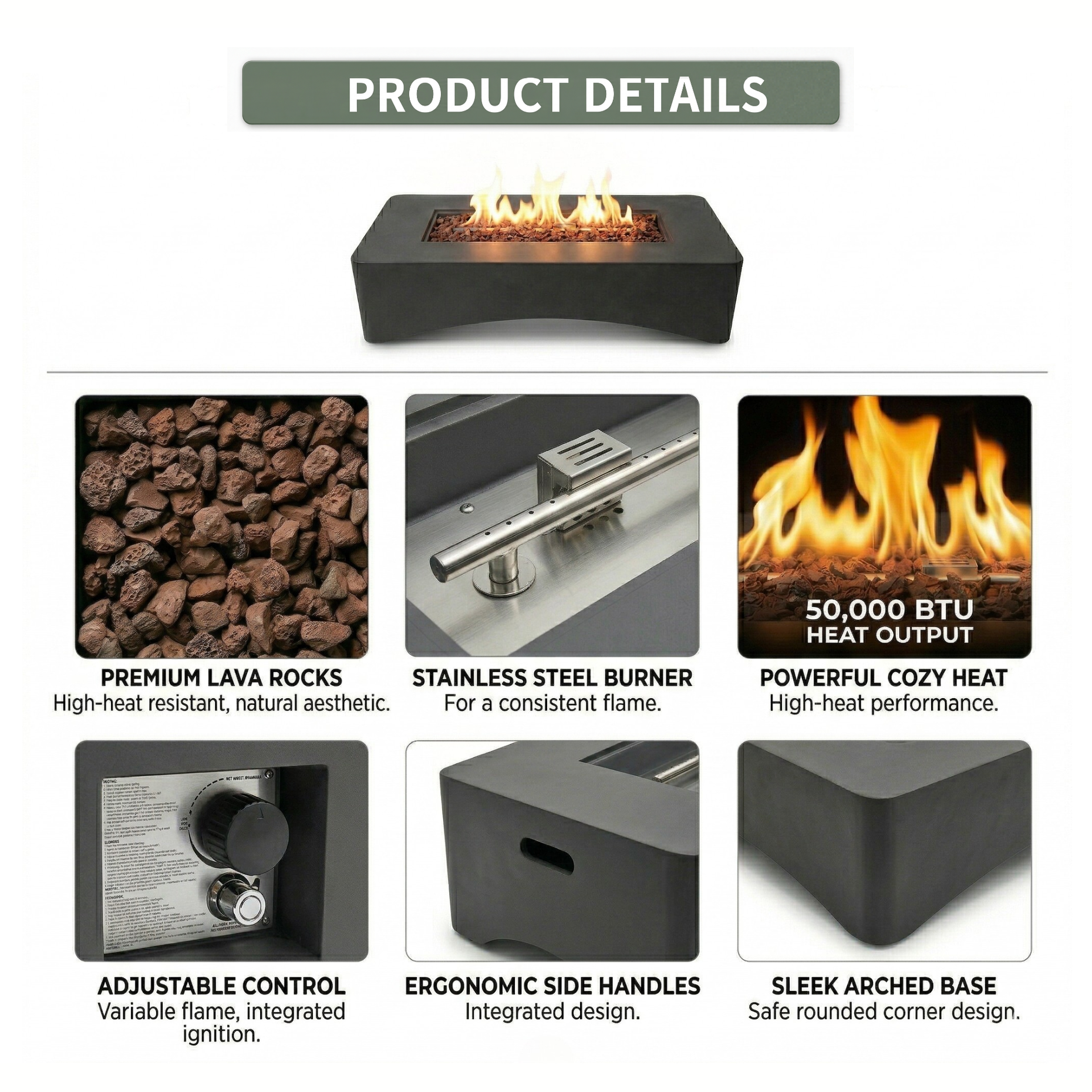 56" Propane Fire Pit Table, Rectangular Outdoor Gas Fire Pit - Dark Gray