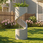Outdoor Water Fountain with LED Light, Decorative Tiered Curved Waterfall Fountain with Stone Planter, Faux Terrazzo Spiral Shaped Outdoor Fountains for Garden Deck Patio Porch, 31.25â€H