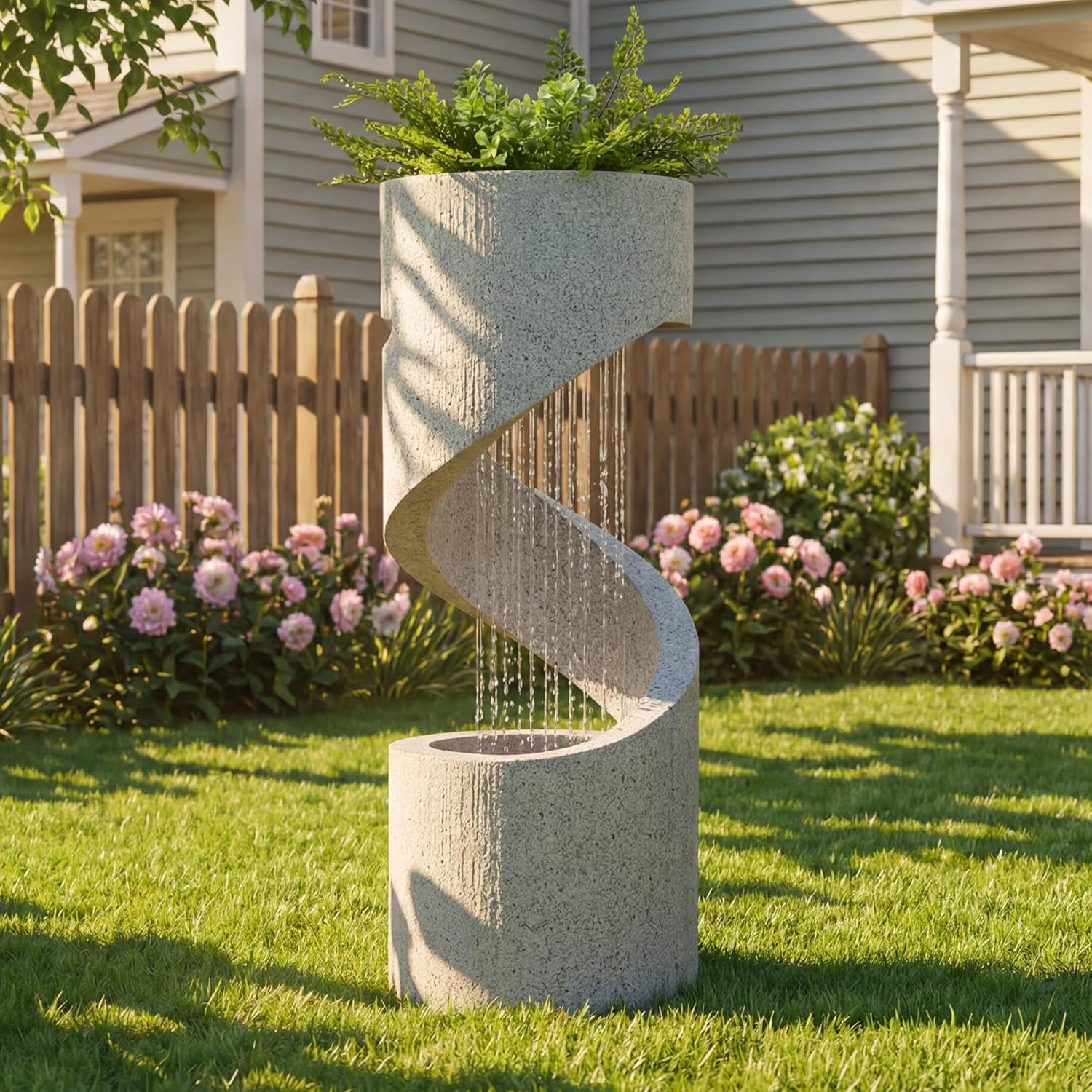 Outdoor Water Fountain with LED Light, Decorative Tiered Curved Waterfall Fountain with Stone Planter, Faux Terrazzo Spiral Shaped Outdoor Fountains for Garden Deck Patio Porch, 31.25â€H