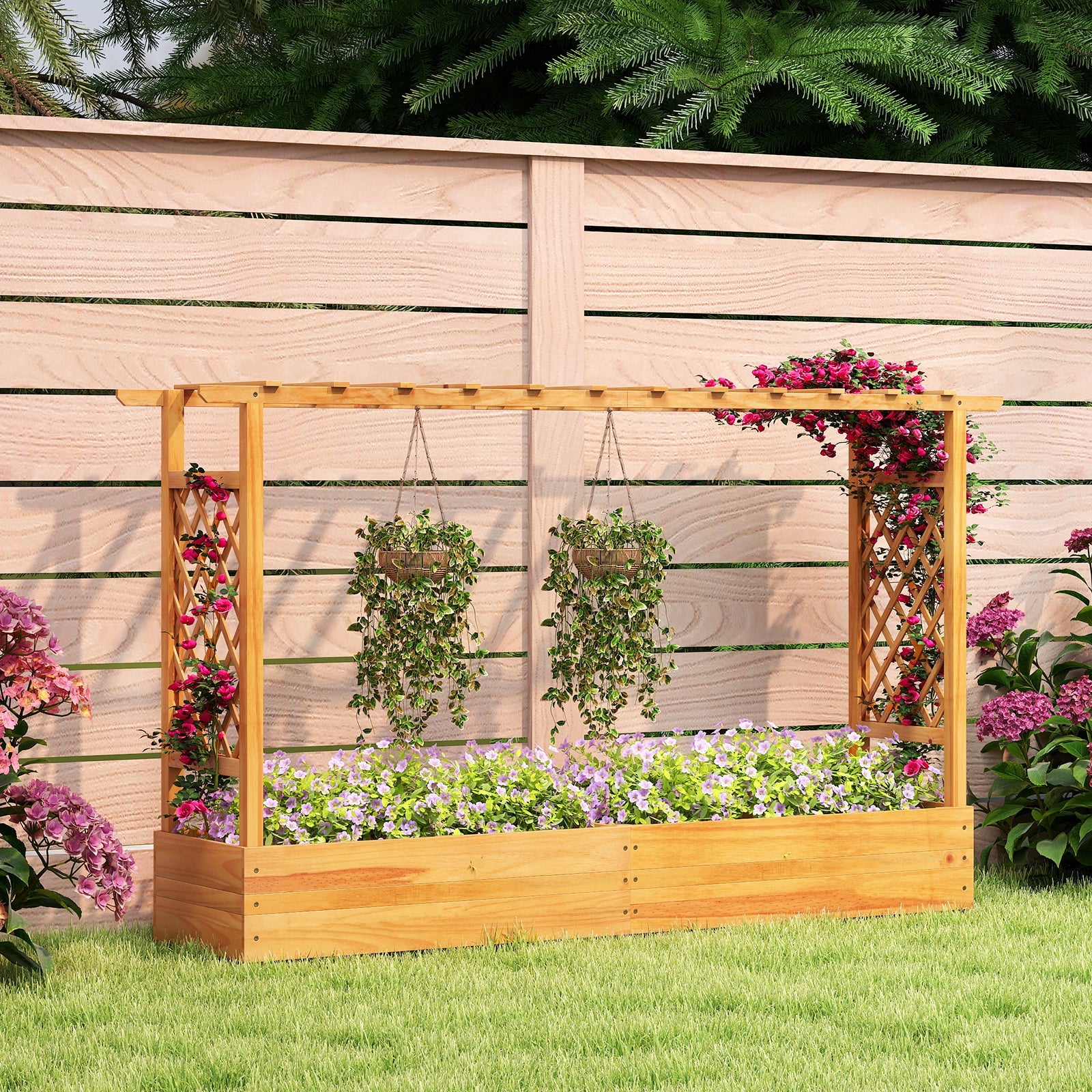 45 Inch Wooden Raised Garden Bed with Lattice Trellis