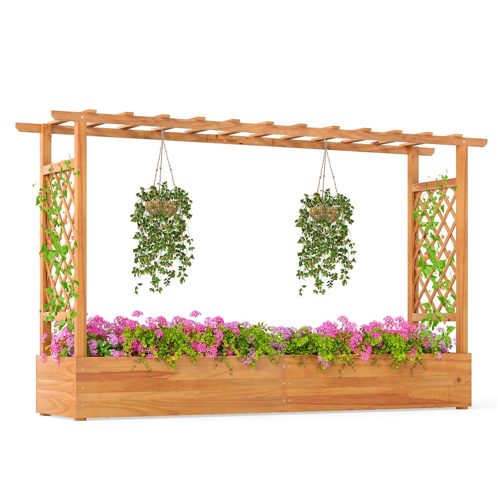 45 Inch Wooden Raised Garden Bed with Lattice Trellis