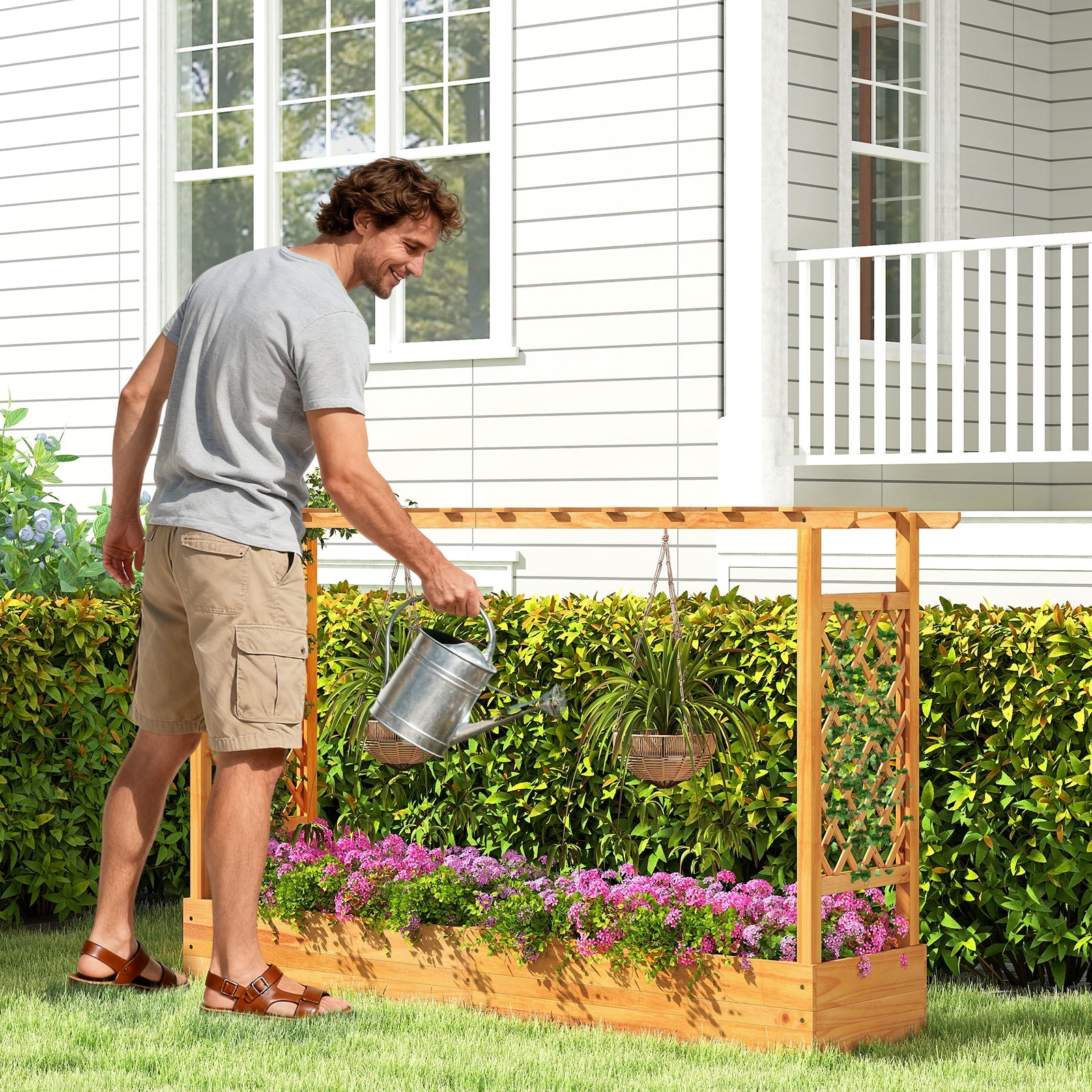 45 Inch Wooden Raised Garden Bed with Lattice Trellis
