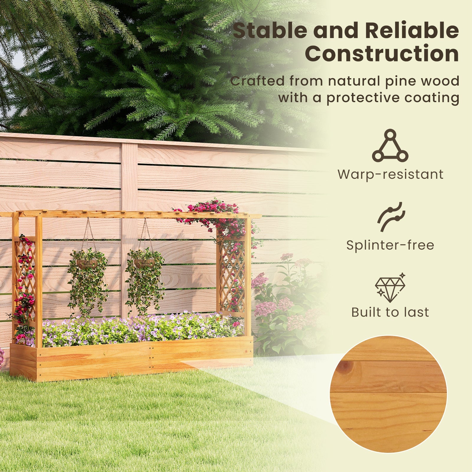 45 Inch Wooden Raised Garden Bed with Lattice Trellis