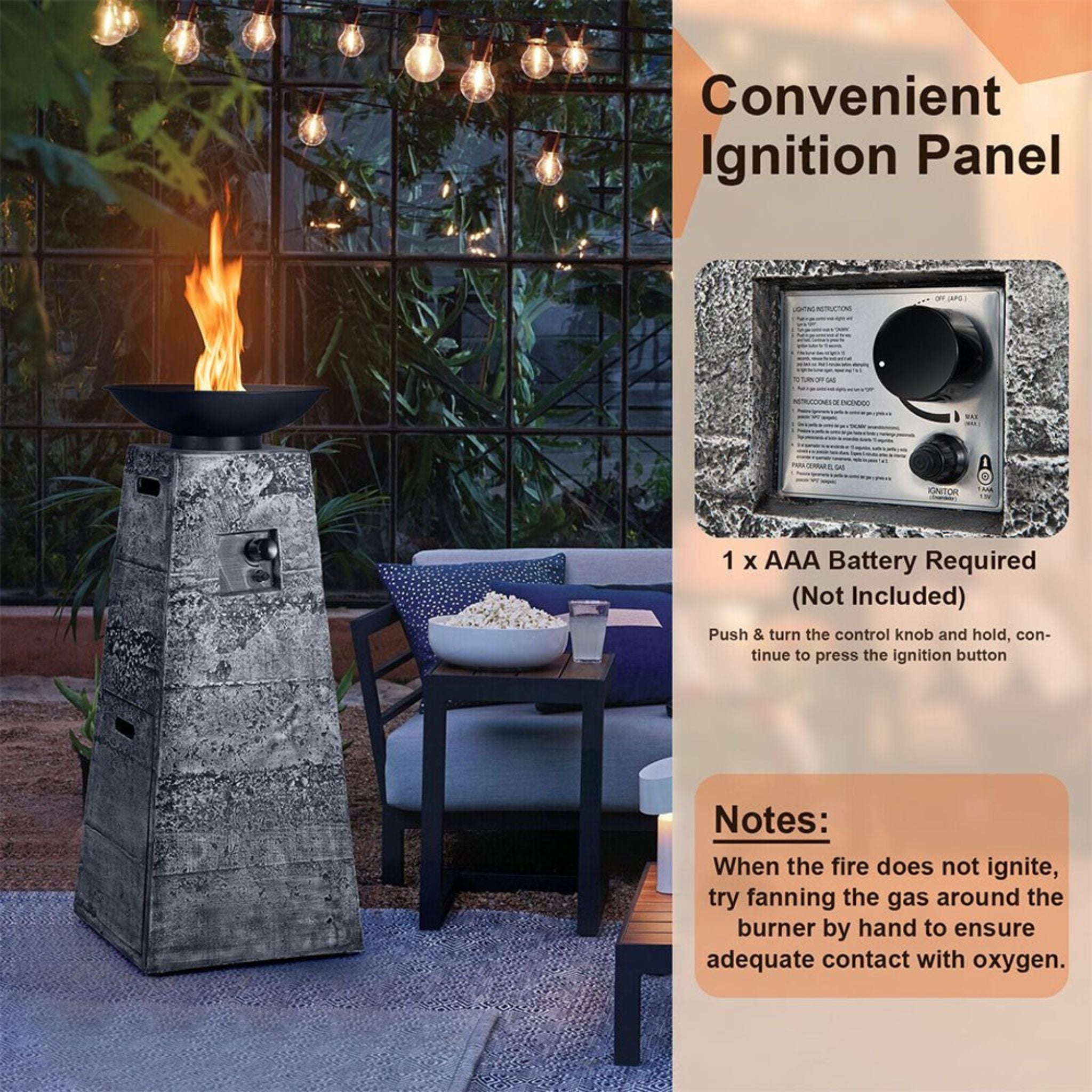 48-Inch Large Outdoor Propane Fire Bowl Column With Cover & Lava Rocks