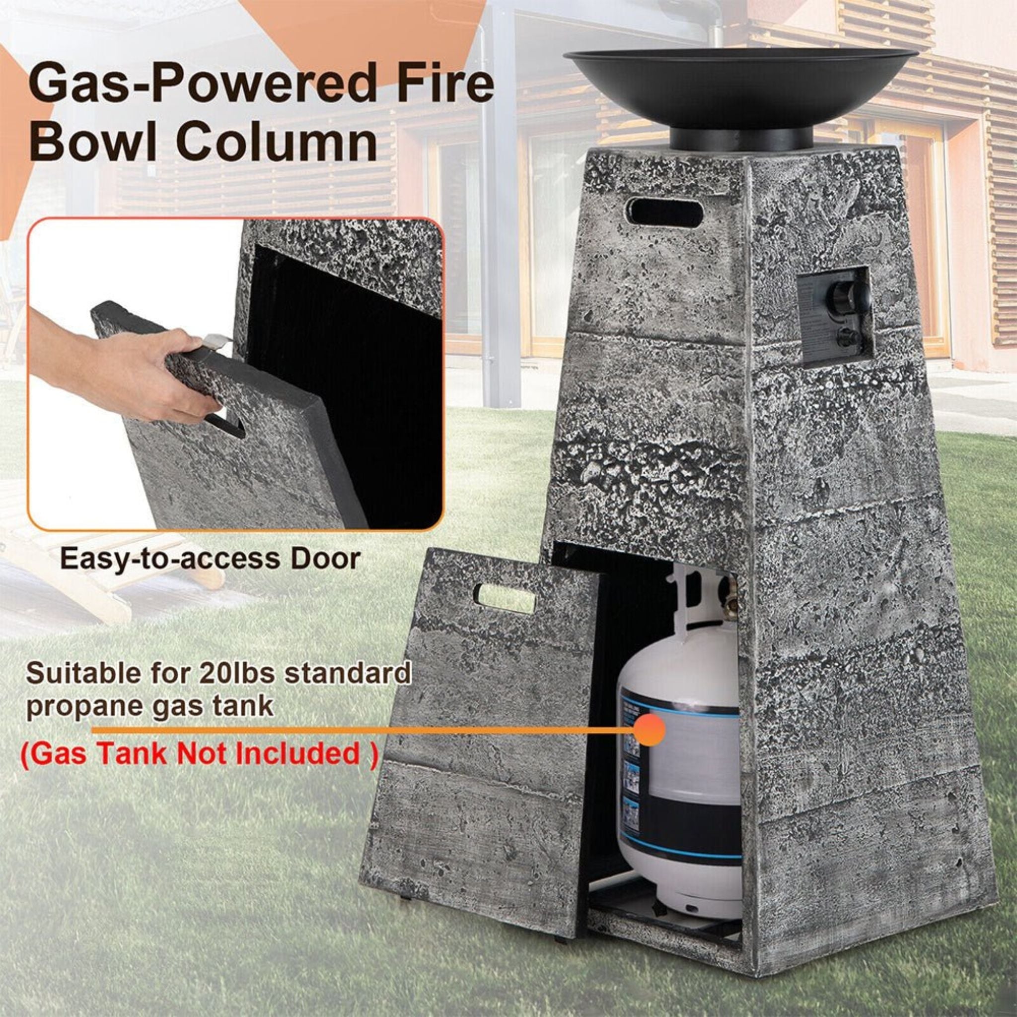 48-Inch Large Outdoor Propane Fire Bowl Column With Cover & Lava Rocks