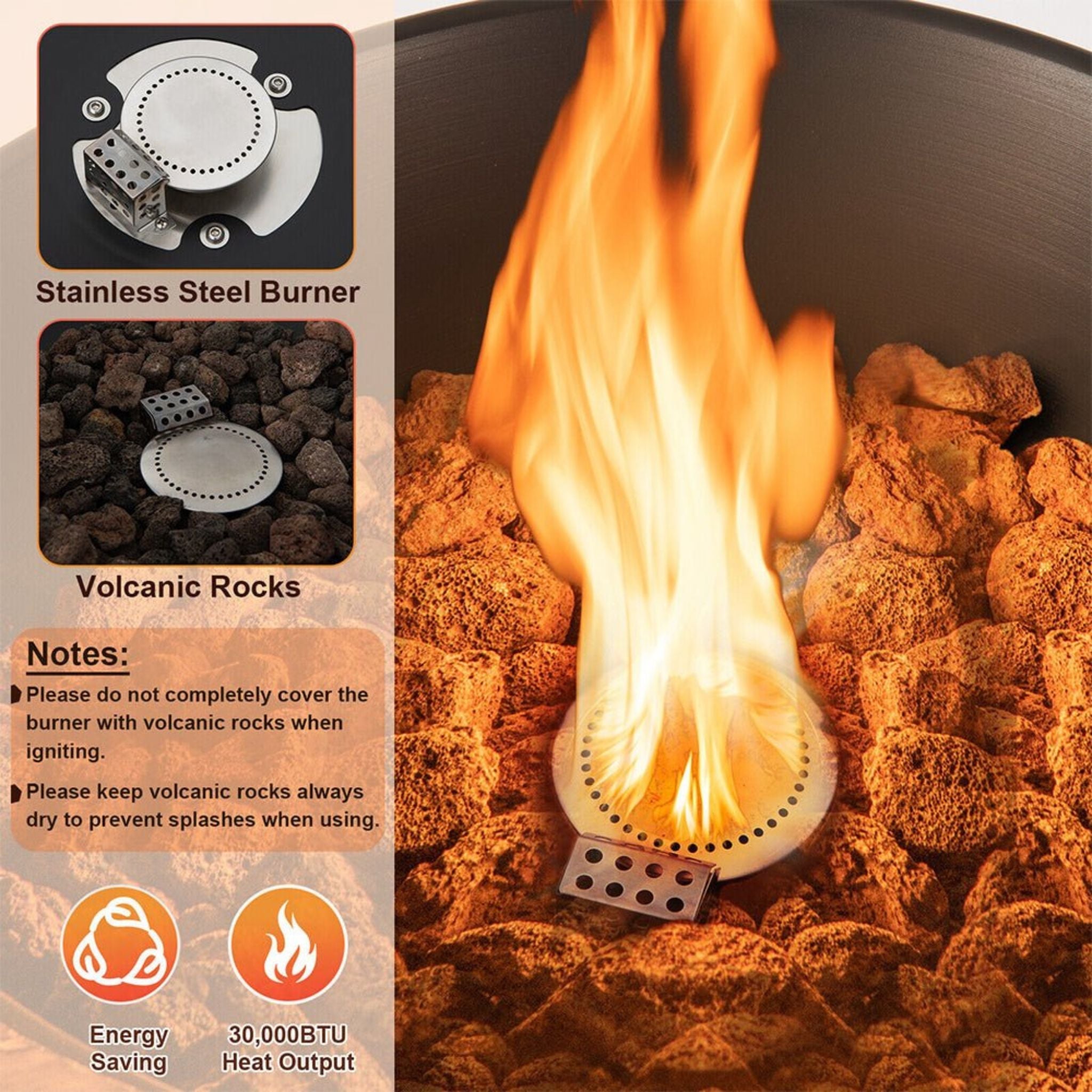 48-Inch Large Outdoor Propane Fire Bowl Column With Cover & Lava Rocks