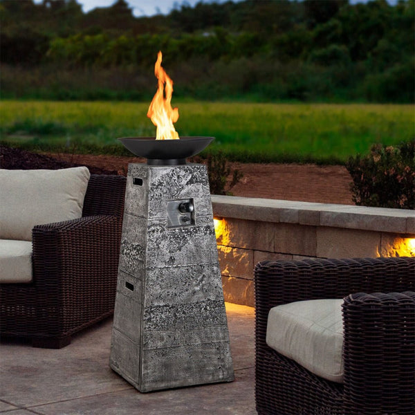48-Inch Large Outdoor Propane Fire Bowl Column With Cover & Lava Rocks