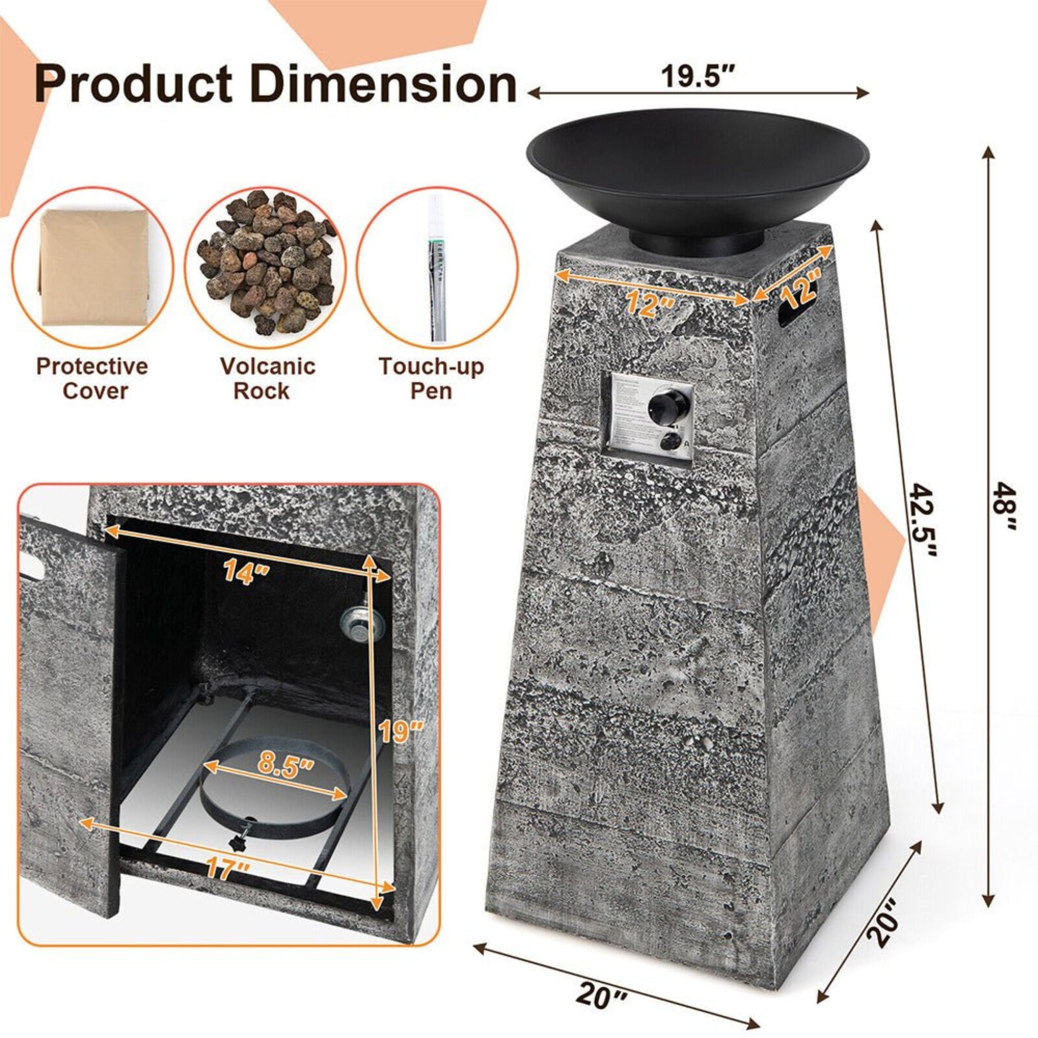 48-Inch Large Outdoor Propane Fire Bowl Column With Cover & Lava Rocks