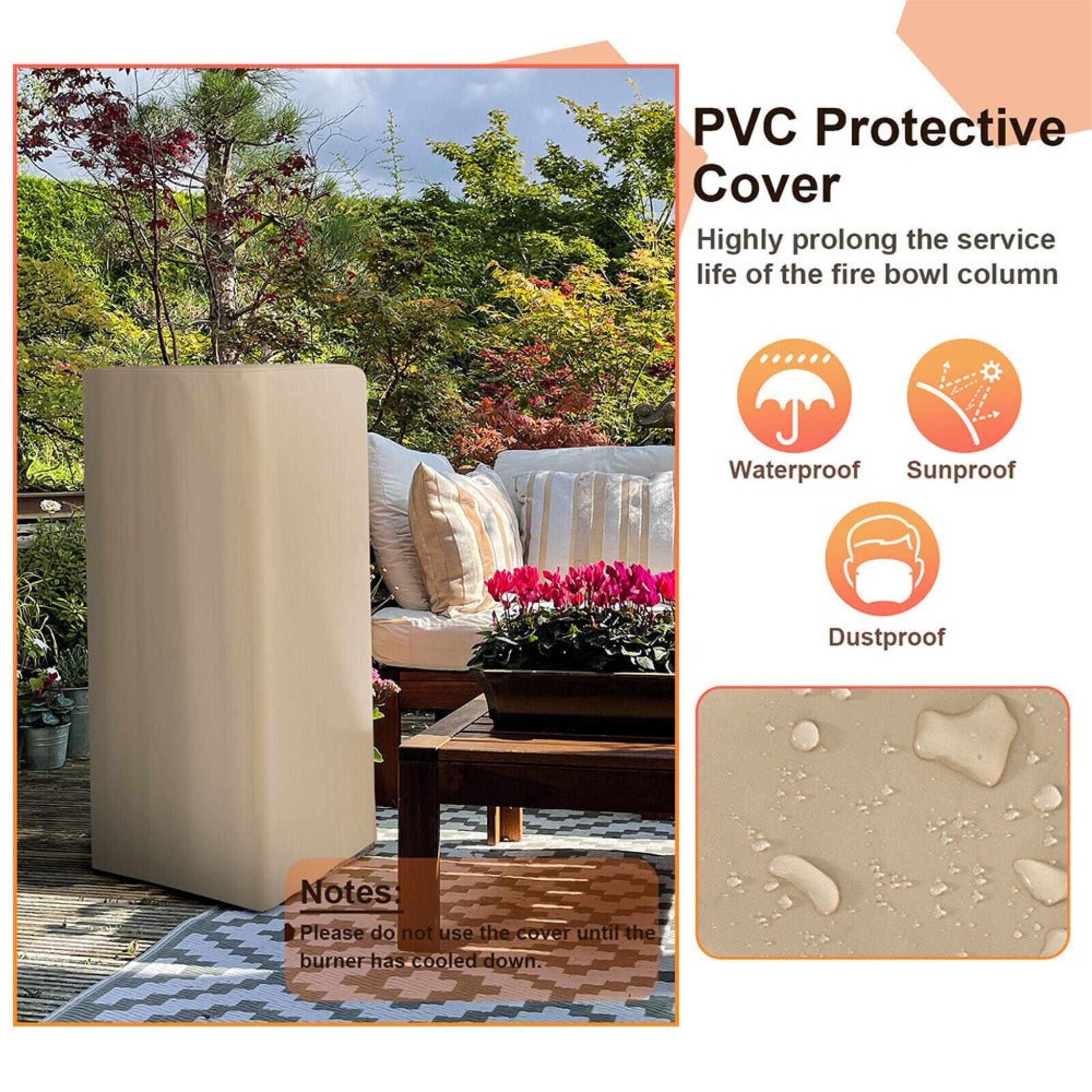 48-Inch Large Outdoor Propane Fire Bowl Column With Cover & Lava Rocks