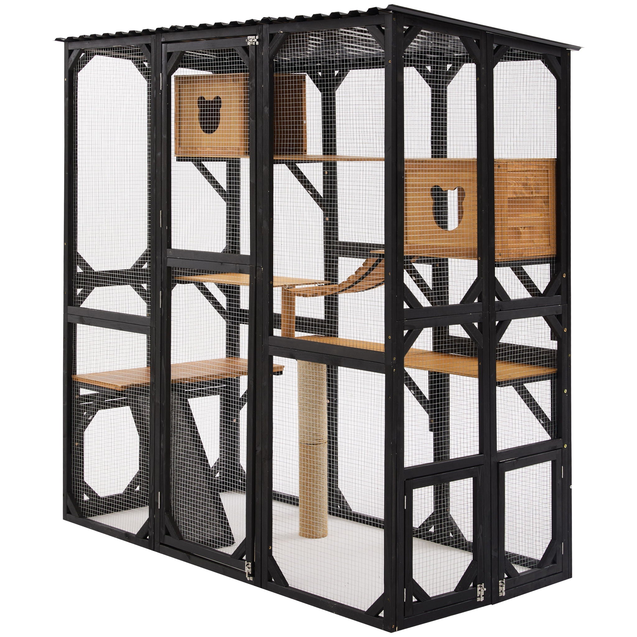 Outdoor Cat Enclosure With Sleeping Houses, Jumping Platforms, & Scratching Post