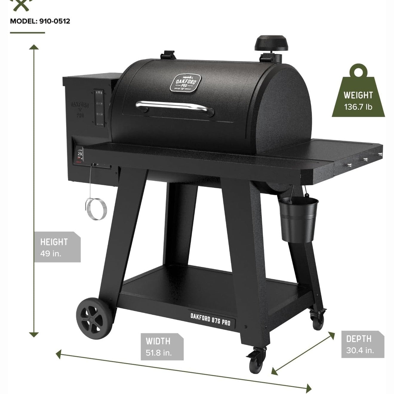 Oakford 875 Pro Pellet Gril with 824 SQ in Cooking Area, Cast Iron Grates, I-Site View Indicator, Heavy Duty Pellet Smoker Grill with Bluetooth Connectivity - 910-0512