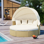 Outdoor Patio Round Rattan Daybed Sectional Beige Retractable Canopy