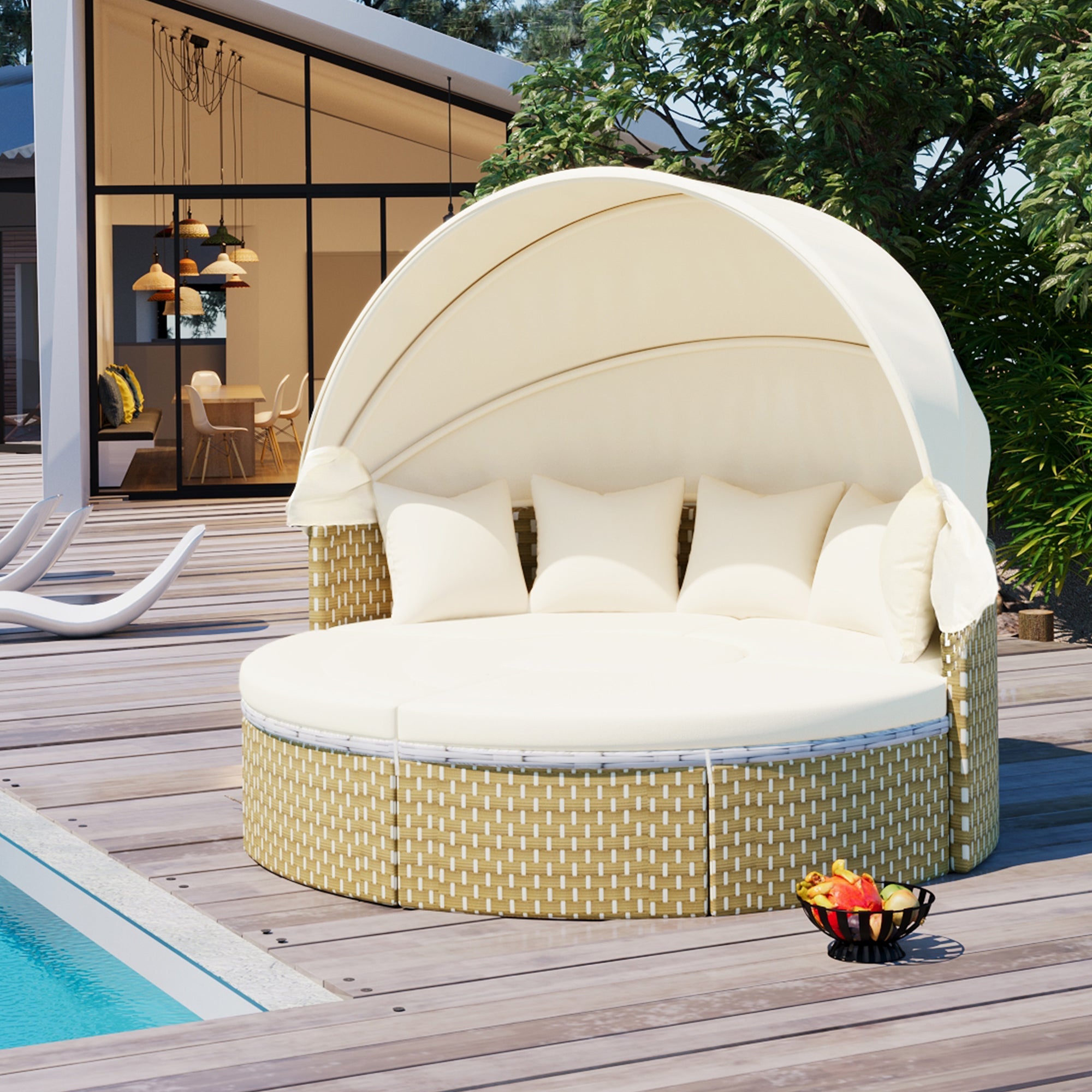 Outdoor Patio Round Rattan Daybed Sectional Beige Retractable Canopy