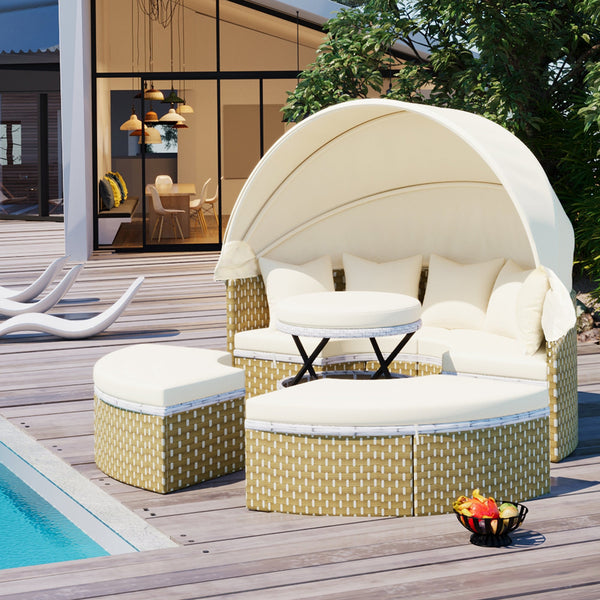 Outdoor Patio Round Rattan Daybed Sectional Beige Retractable Canopy