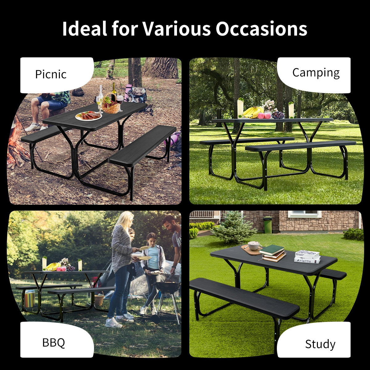 HDPE Outdoor Picnic Table Bench Set with Metal Base - available in 5 colors