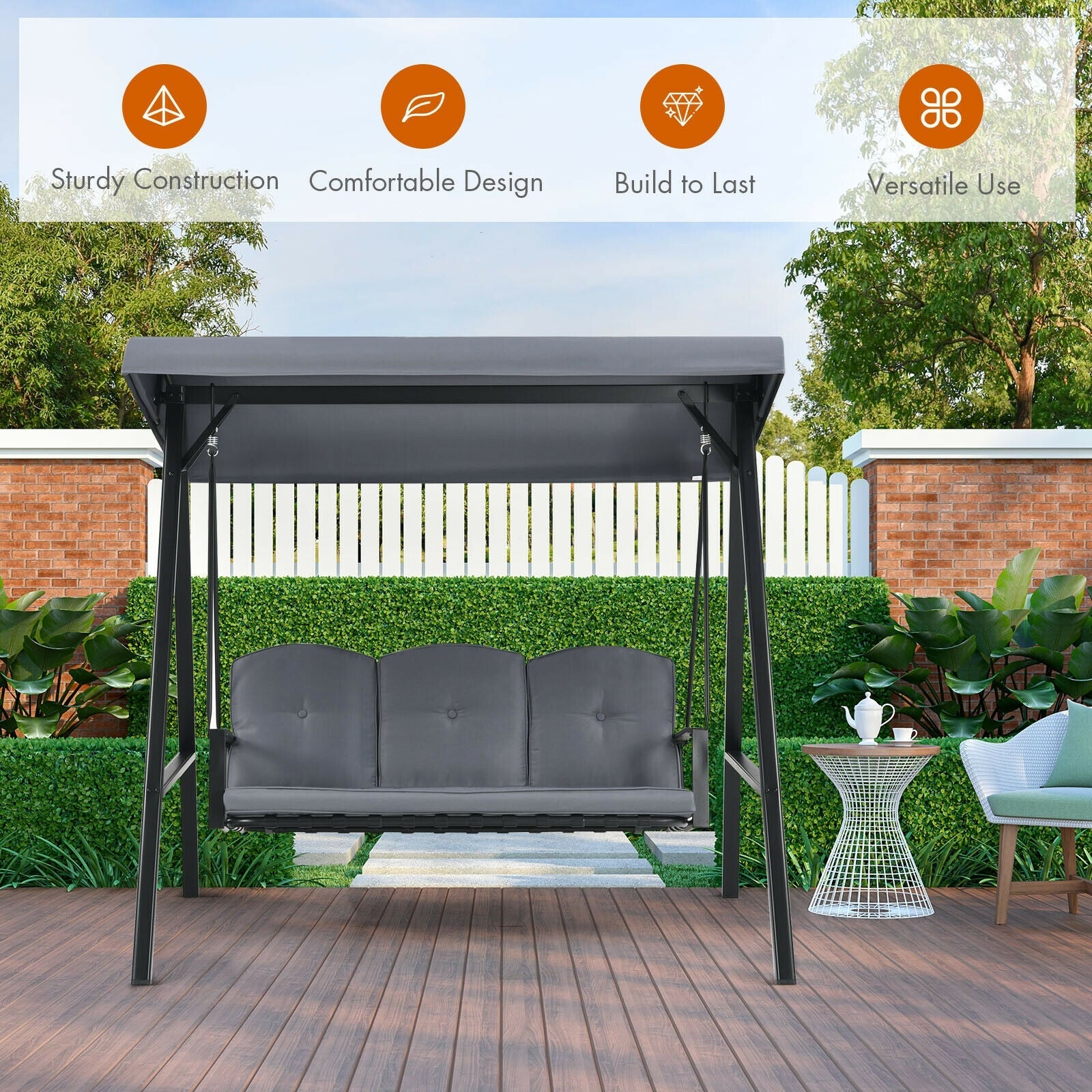 Outdoor 3-Seat Porch Swing with Adjust Canopy and Cushions