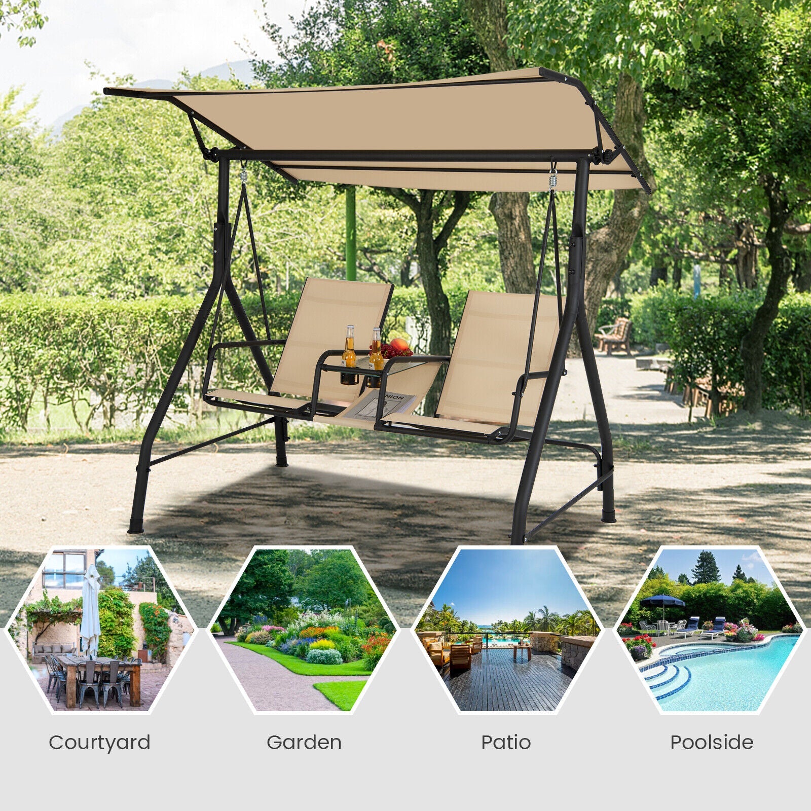 2-Seat Outdoor Cushioned Porch Swing with Adjustable Canopy and Tempered Glass Table