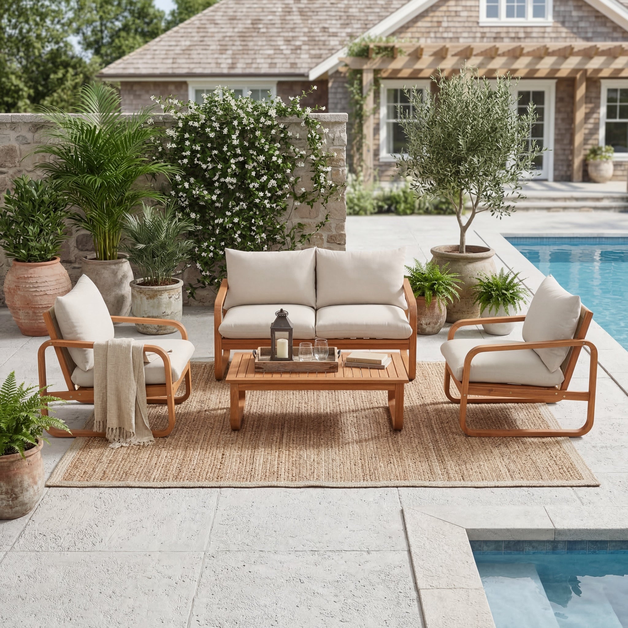 4-Piece Acacia Wood Outdoor Patio Furniture Set with Thick Cushions