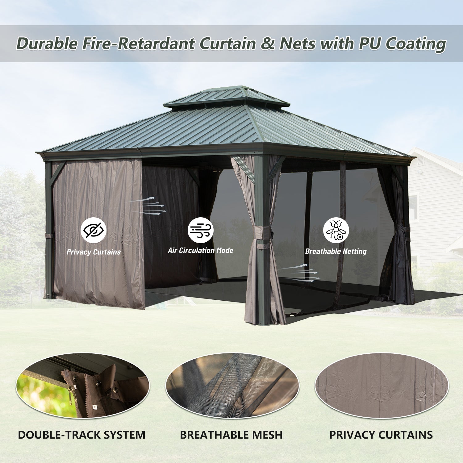 10' x 12' Hardtop Gazebo Outdoor Metal Gazebo with Galvanized Steel Double Roof Canopy, Aluminum Frame, Curtains and