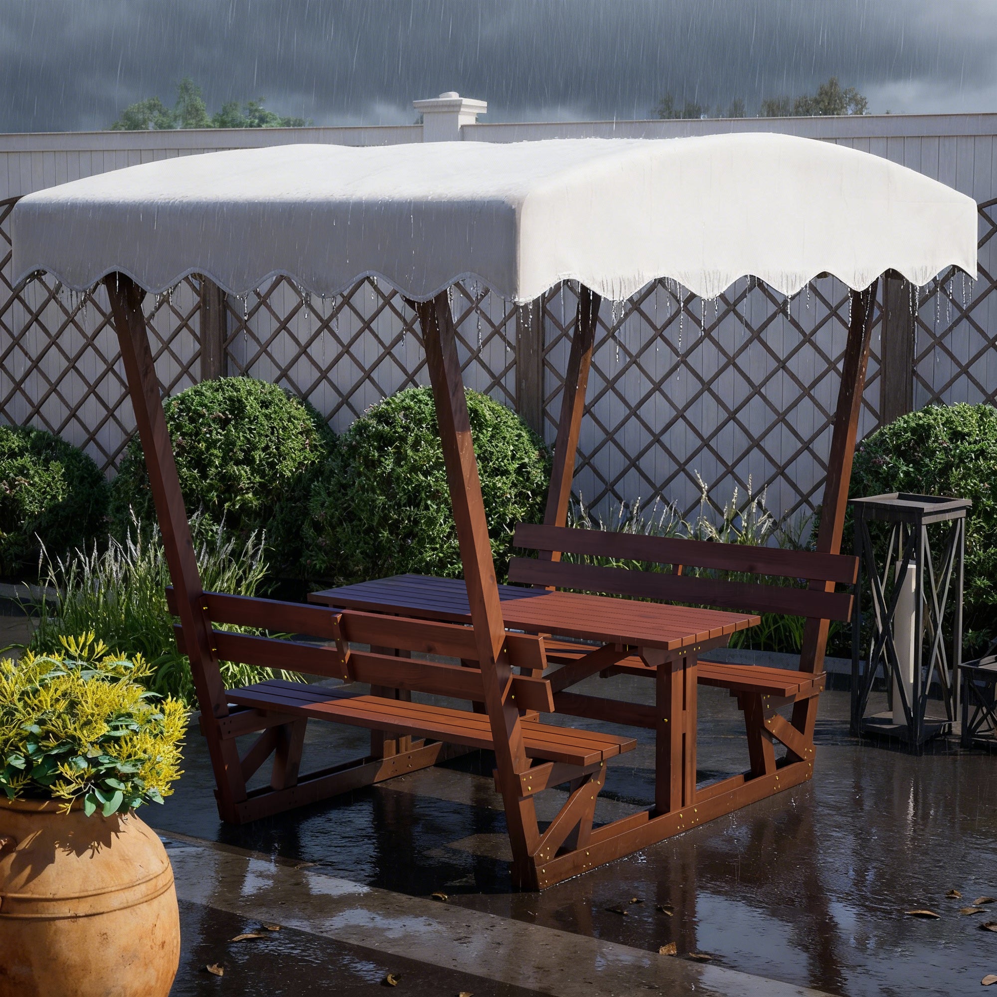 Outdoor Waterproof Solid Wood Picnic Table and Bench Set with Removable Canopy