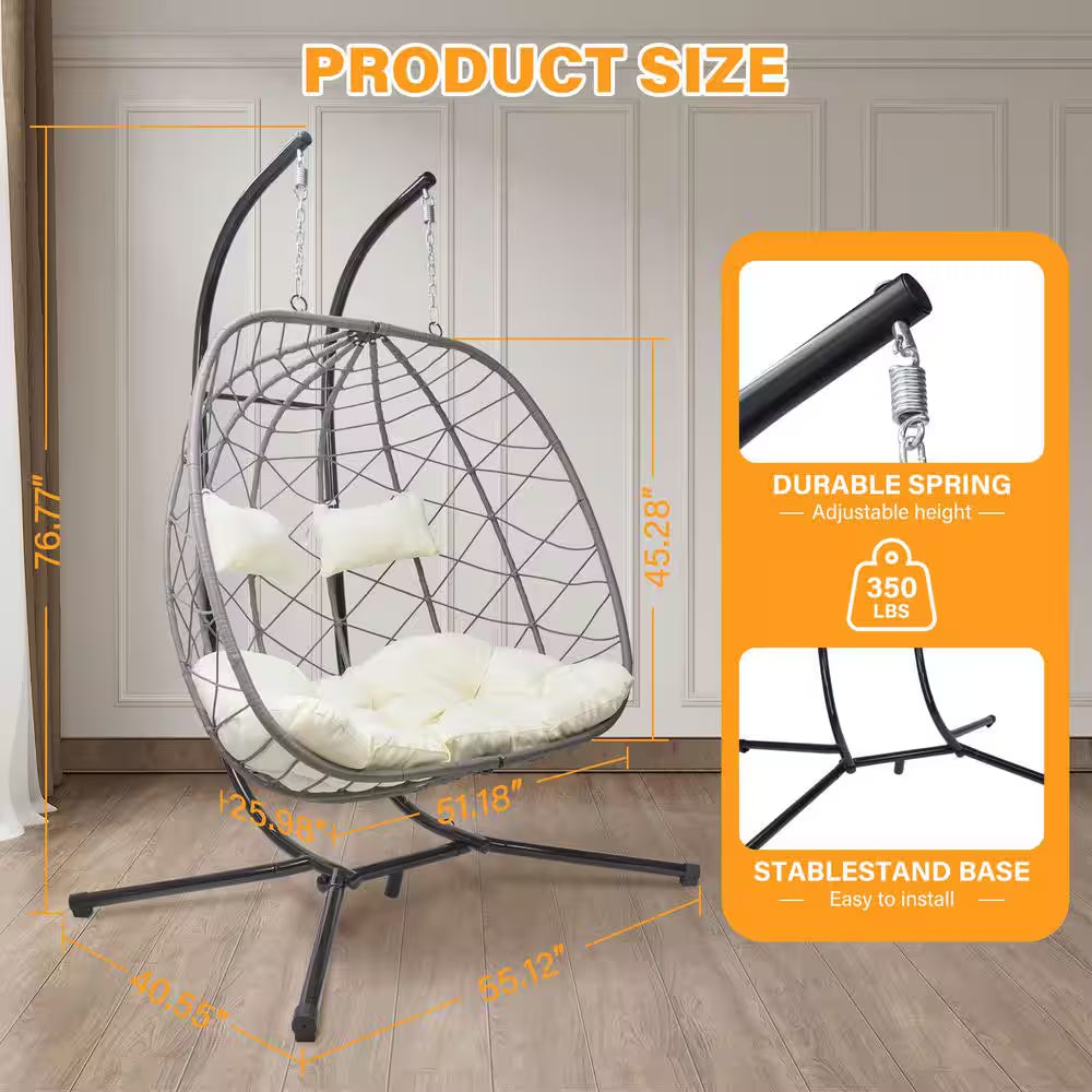 Hanging Swing 2 Seat Chair with Stand, Patio Wicker Hammock Egg Swing with Cushion for Bedroom Garden Indoor Outdoor