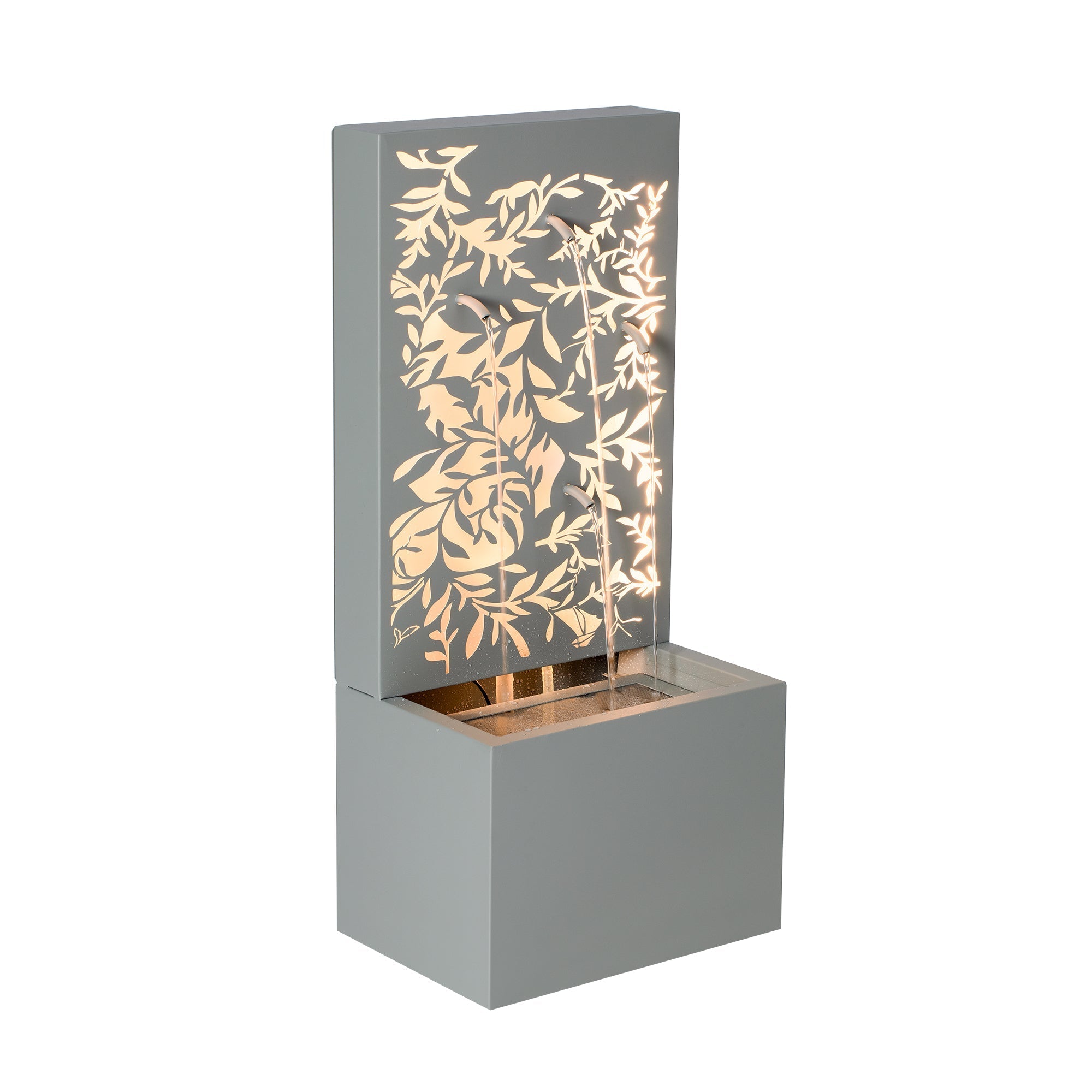 30.71' Light Gray Metal Leaf Cutout Outdoor Water Wall Fountain with LED Lights