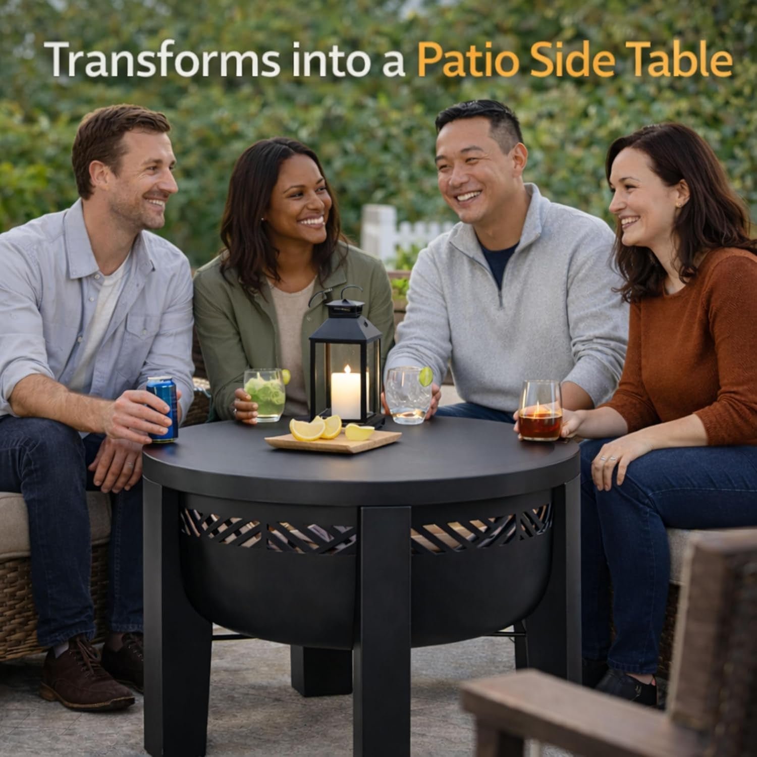 Fire Chief Wood Burning Fire Pit with Tabletop Lid â€“ Modern Outdoor Metal Fire Pit for Patio & Backyard â€“ Premium Heavy Duty Fire Pit Bowl with Multi-Use Side Table (Decorative Bowl)
