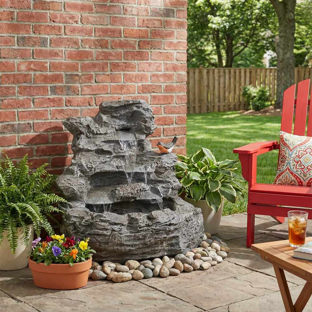 4-Tier Concrete Rock Waterfall Fountain with LED Lights