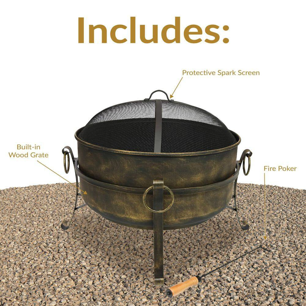 Cauldron 24 In. X 23 In. round Steel Wood Fire Pit with Spark Screen in Black