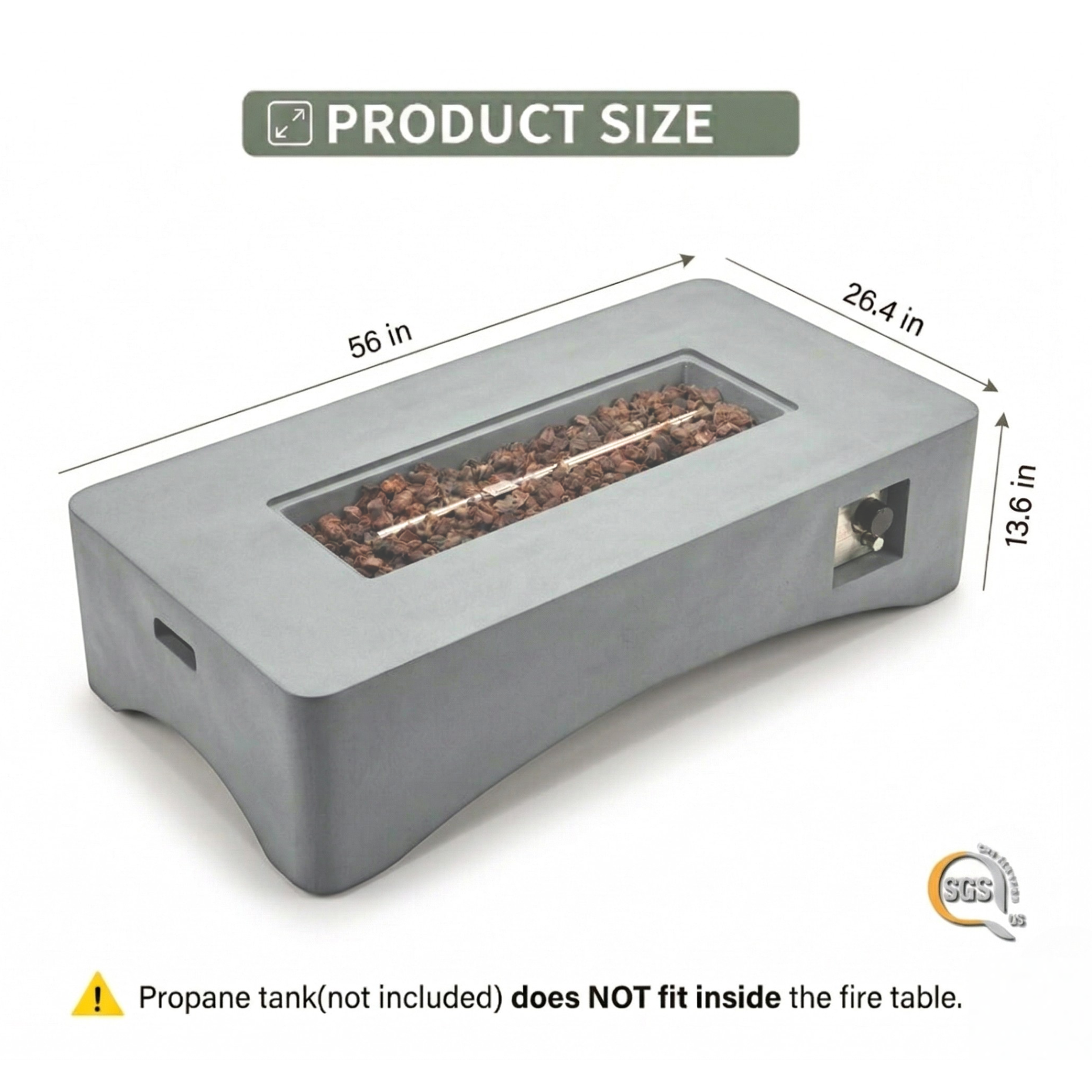 56' Propane Fire Pit Table - Rectangular Outdoor Gas Fire Pit - Light Gray
