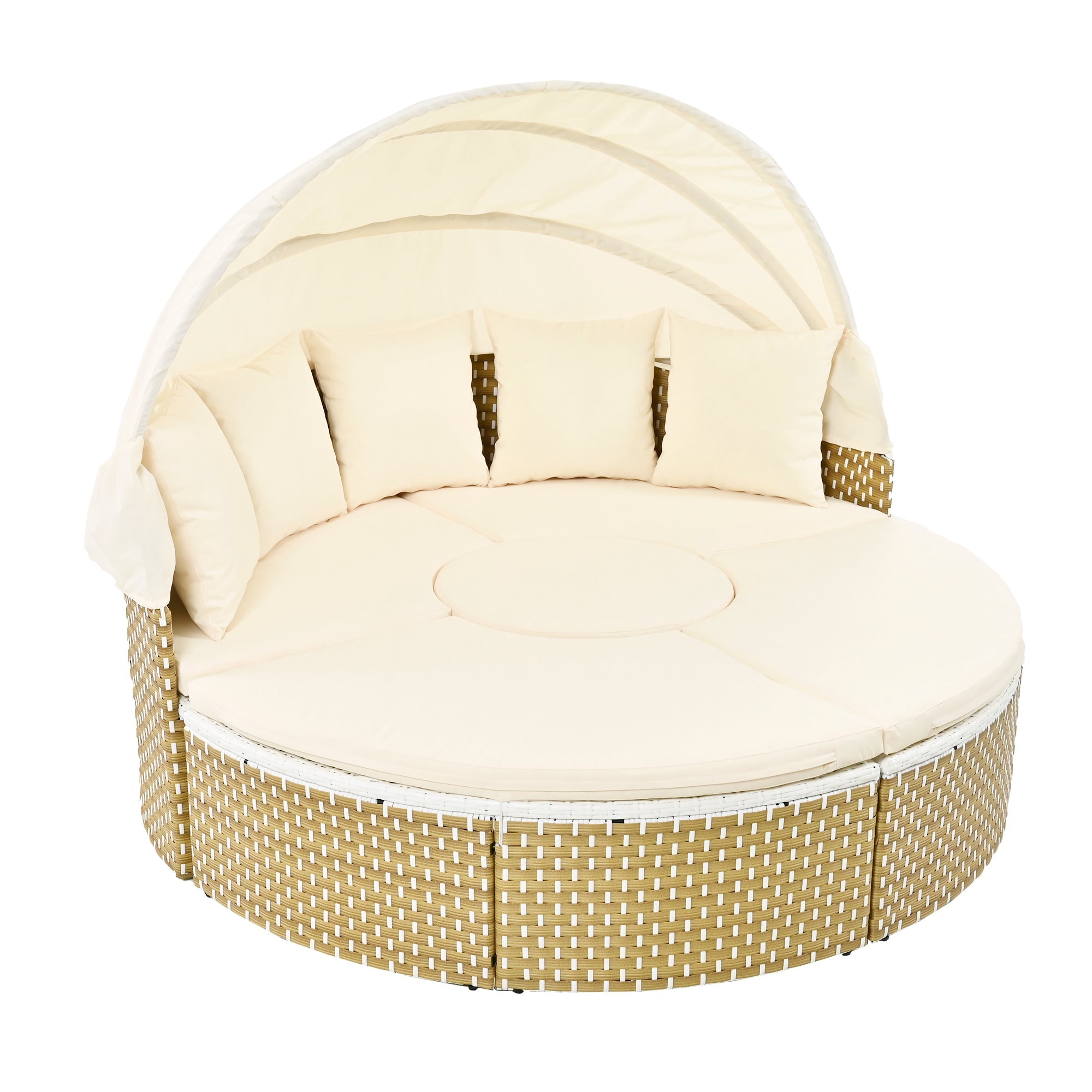 Outdoor Patio Round Rattan Daybed Sectional Beige Retractable Canopy