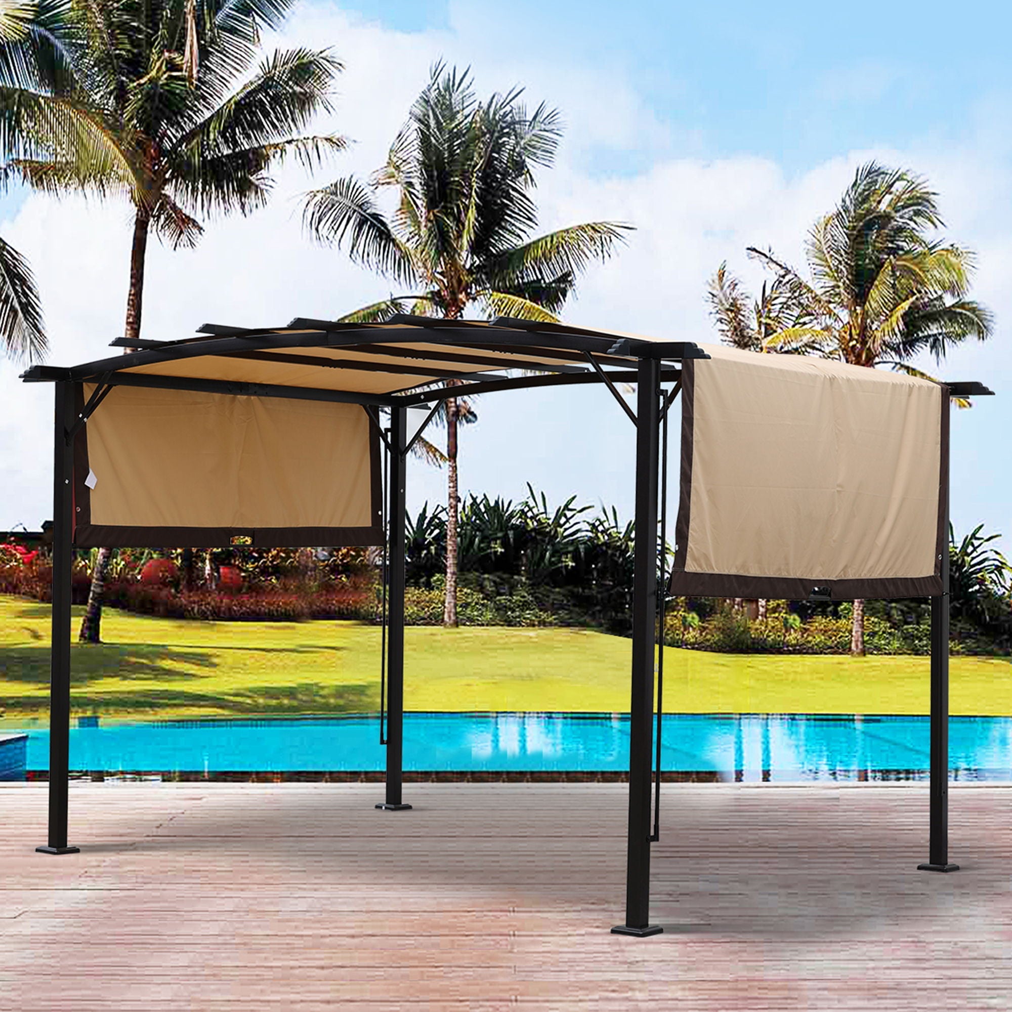 12' x 9' Outdoor Patio Pergola Gazebo - Steel Frame Sun Shelter With Retractable Canopy