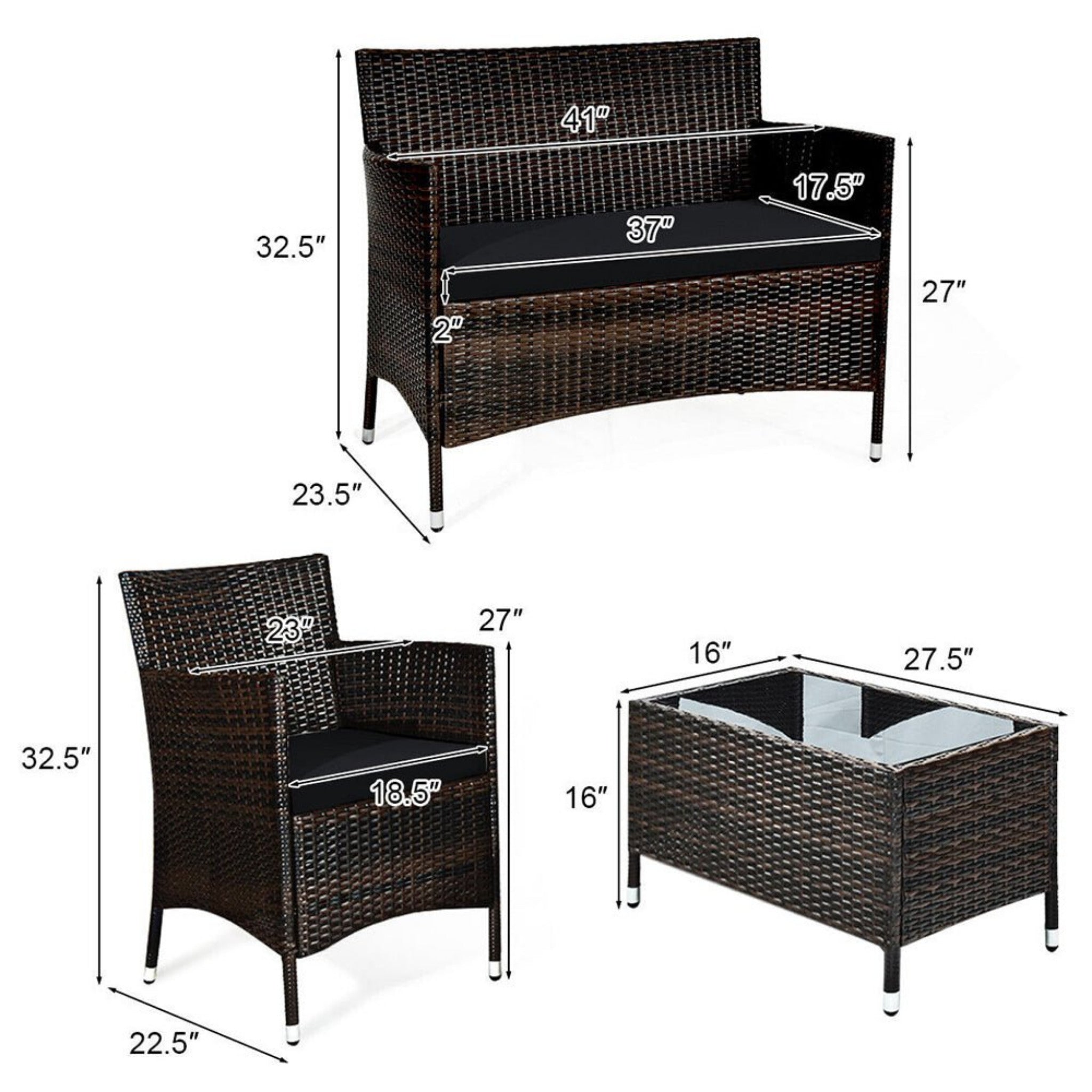 4-Piece Outdoor Rattan Patio Furniture Set With Cushions & Coffee Table