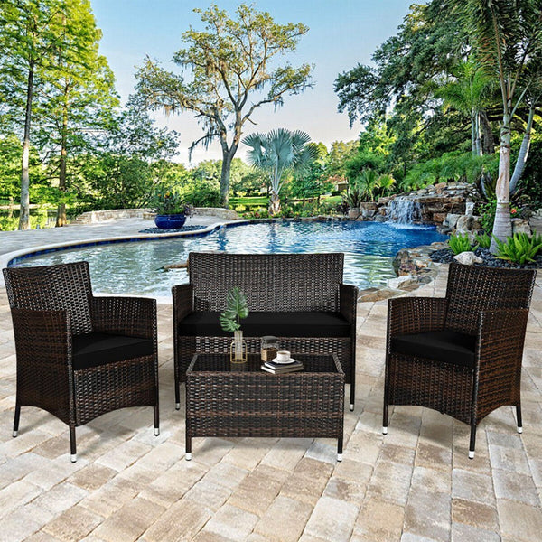 4-Piece Outdoor Rattan Patio Furniture Set With Cushions & Coffee Table