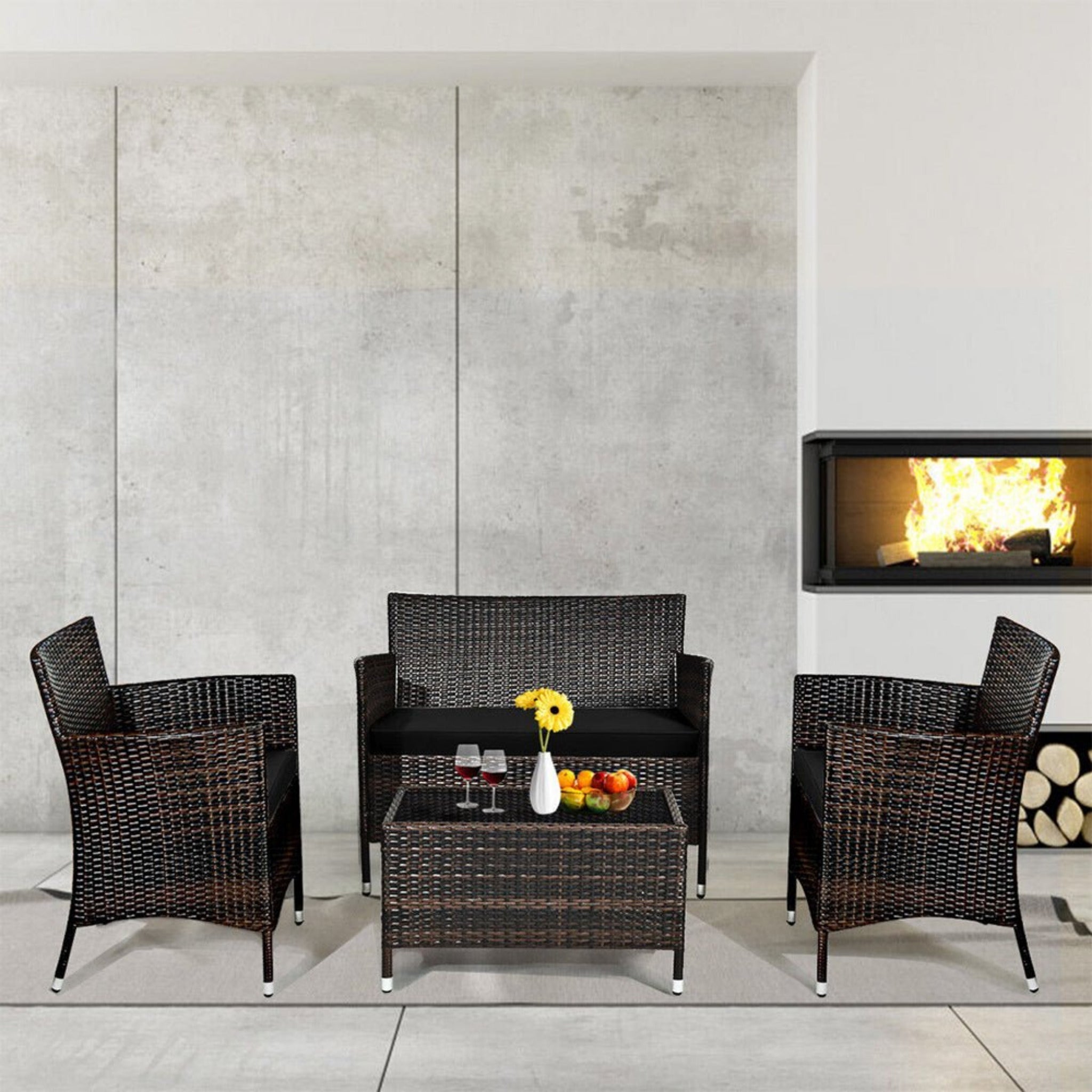 4-Piece Outdoor Rattan Patio Furniture Set With Cushions & Coffee Table