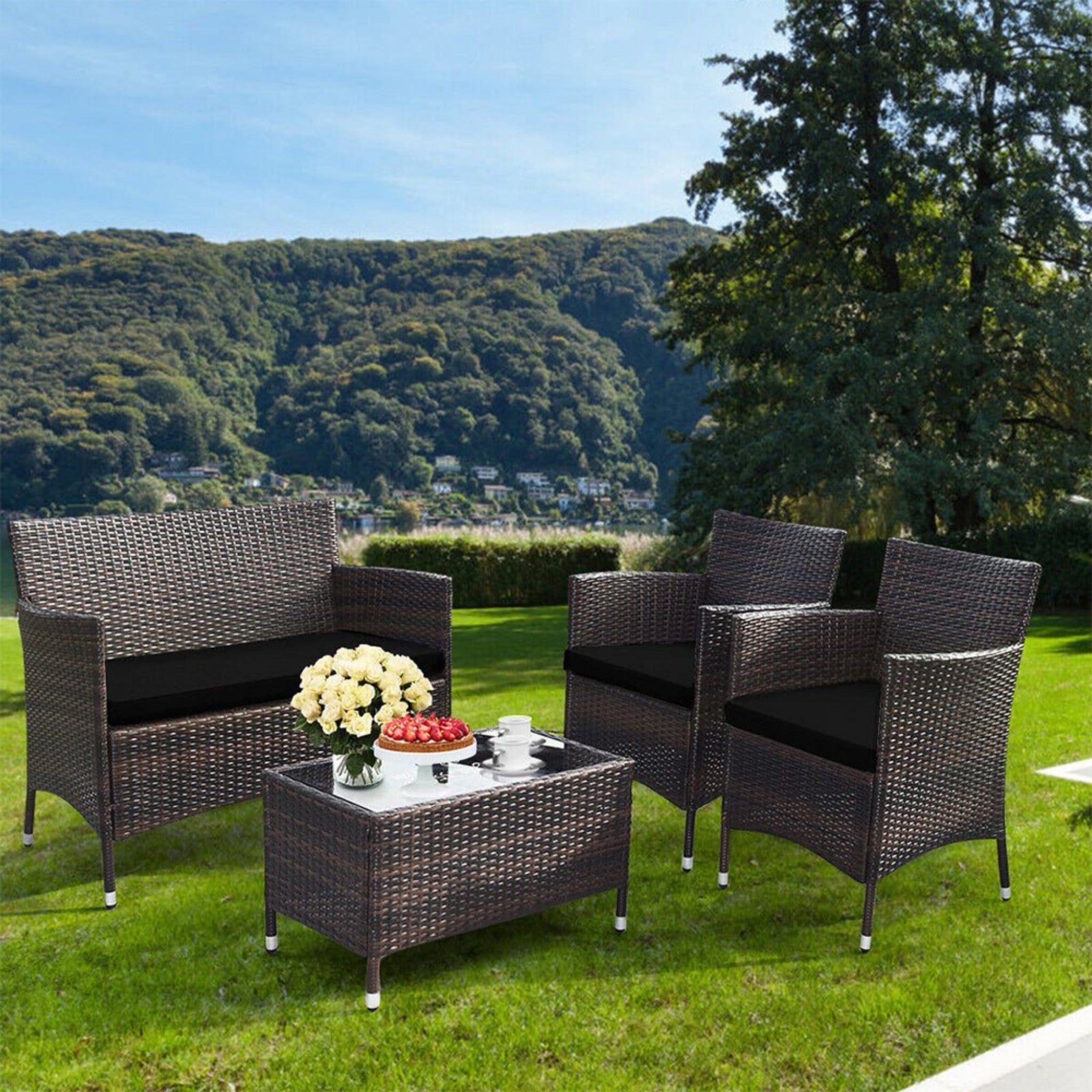 4-Piece Outdoor Rattan Patio Furniture Set With Cushions & Coffee Table